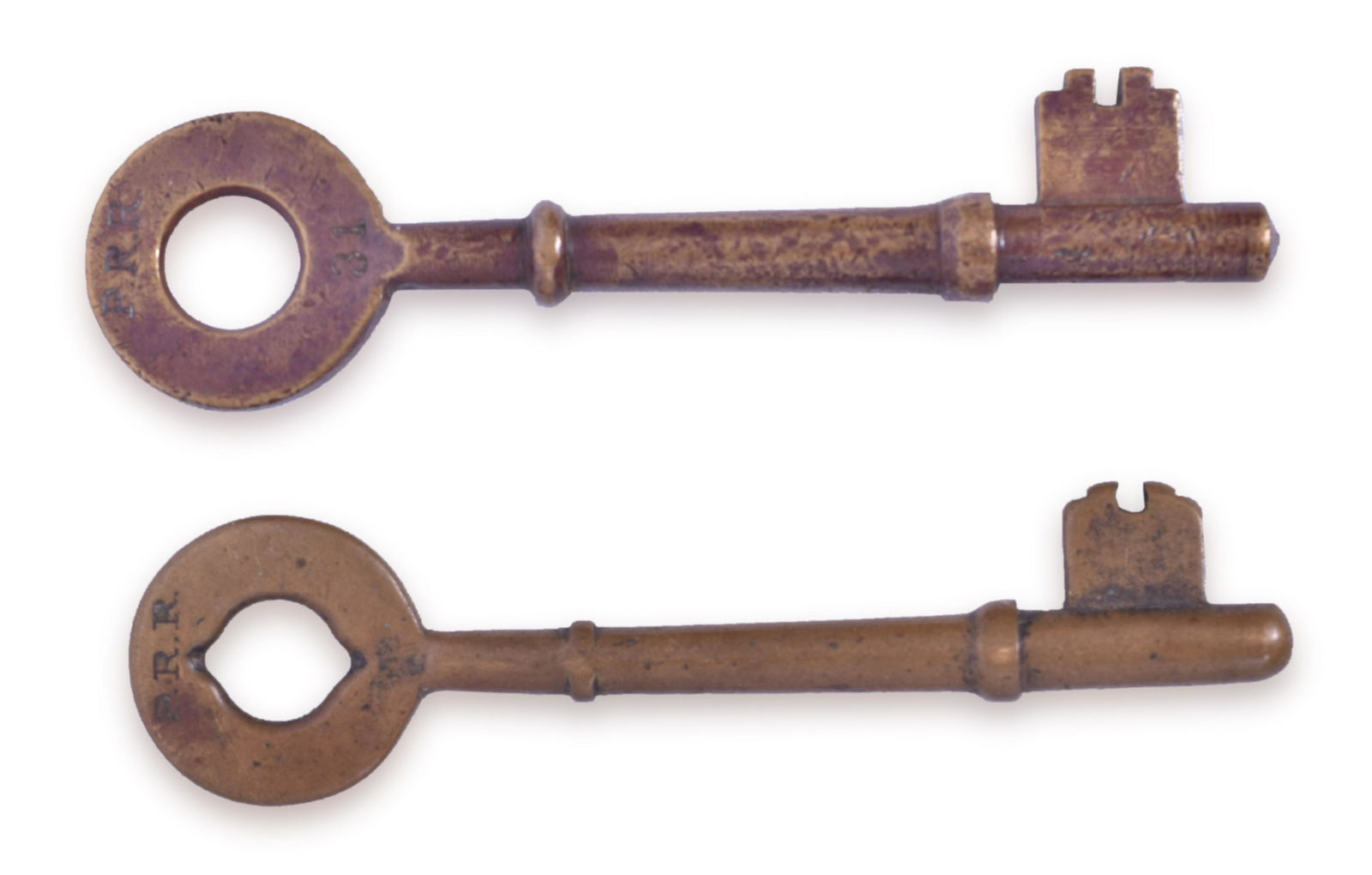 Pair of Pennsylvania Railroad Coach / Car Keys: Pair of Pennsylvania Railroad Coach / Car Keys Pair of keys both stamped with P.R.R. in serif font on the front of the hilt. Both keys also stamped 31, one on the front bottom and one on the reverse.