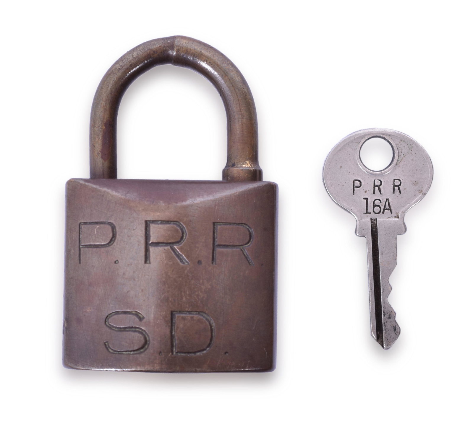 Pennsylvania Railroad Signal Department Corbin Small Lock: Pennsylvania Railroad Signal Department Corbin Small Lock Small Corbin lock with key. Body stamped P.R.R. S.D. on the front. 16A stamped on the underside with other Corbin info. The key does operate t