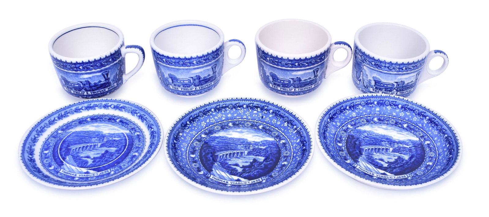 Scammell's Lamberton Baltimore & Ohio Railroad Coffee Cups & Saucers: Scammell's Lamberton Baltimore & Ohio Railroad Coffee Cups & Saucers Four Centenary Baltimore & Ohio Railroad Coffee Cups & three saucers. Mugs measuring 3 5/8: x 3 7/8" bottom stamped 1827-1927 Balti