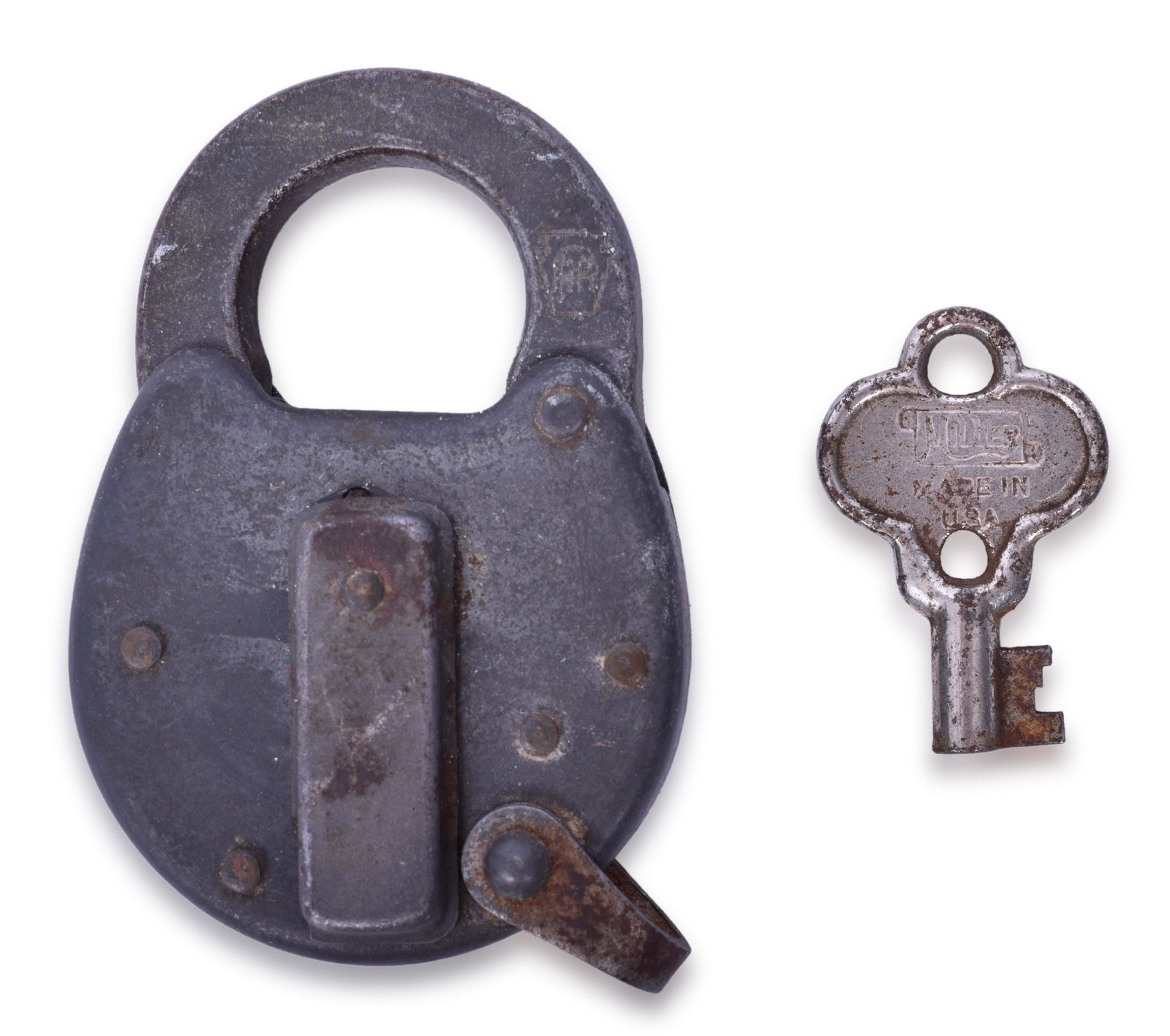 Steel Miller Pennsylvania Railroad Lock w/ Key: Steel Miller Pennsylvania Railroad Lock w/ Key Steel bodied Miller lock with the Pennsylvania Keystone logo stamped on the shackle. Miller marked key also stamped 23 included which does operate the lo
