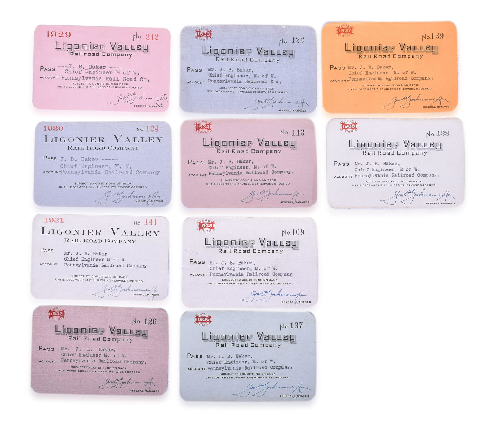 Ten Ligonier Valley Railroad Exchange Passes 1929-1938 (1 of 2)