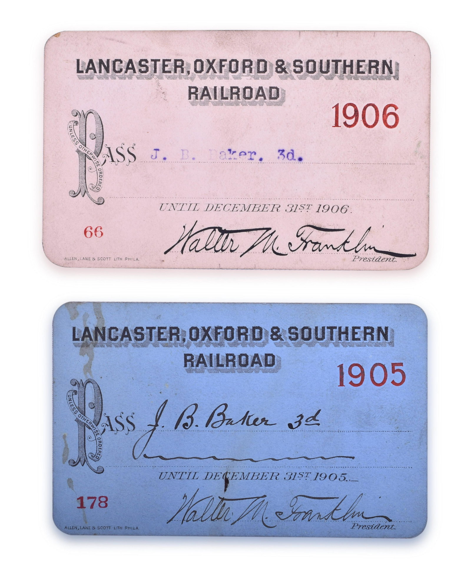 1905 and 1906 Lancaster, Oxford & Southern Railroad Annual Passes (1 of 2)