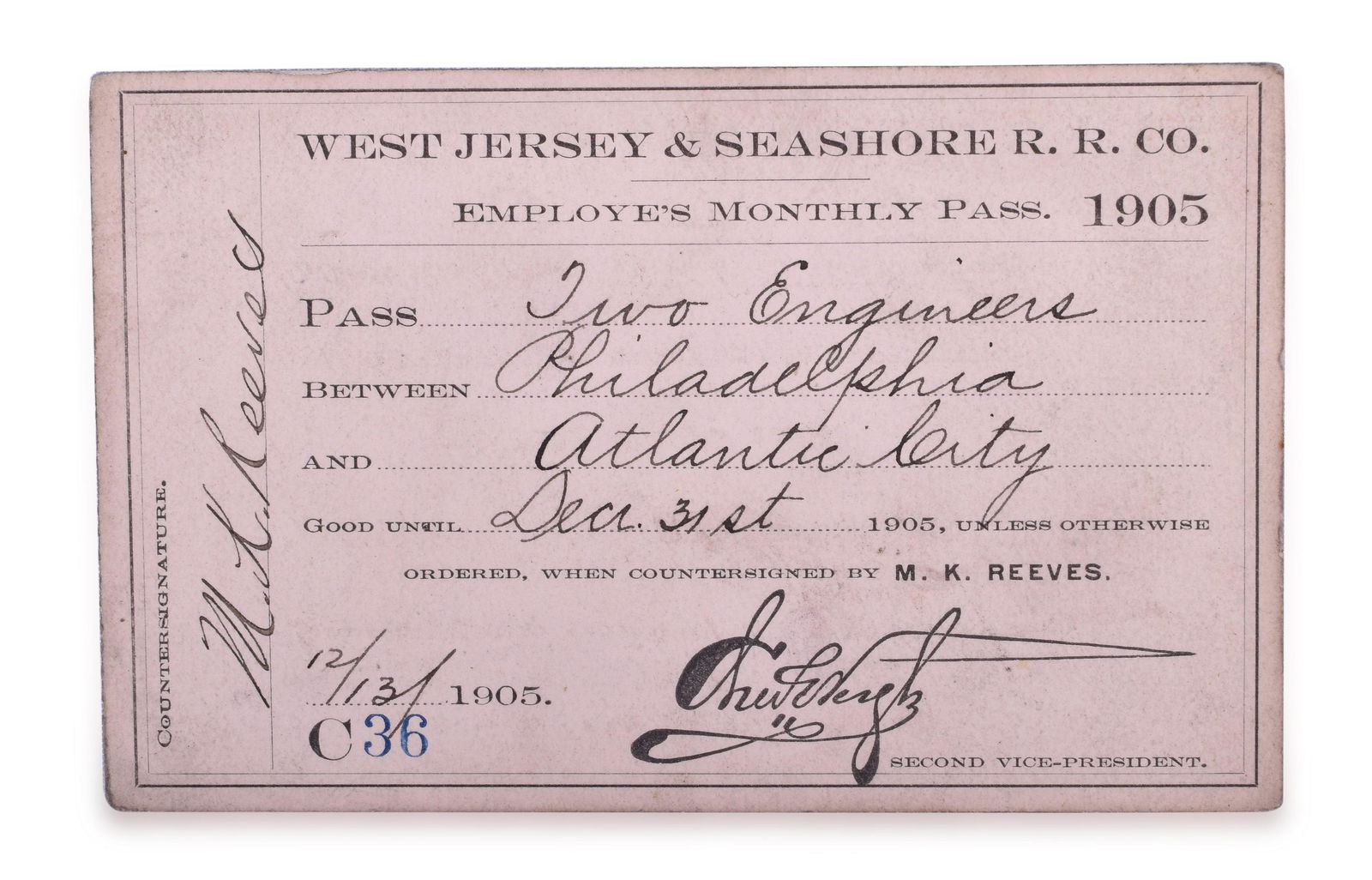 West Jersey & Seashore Railroad 1905 Employee Monthly Pass (1 of 2)