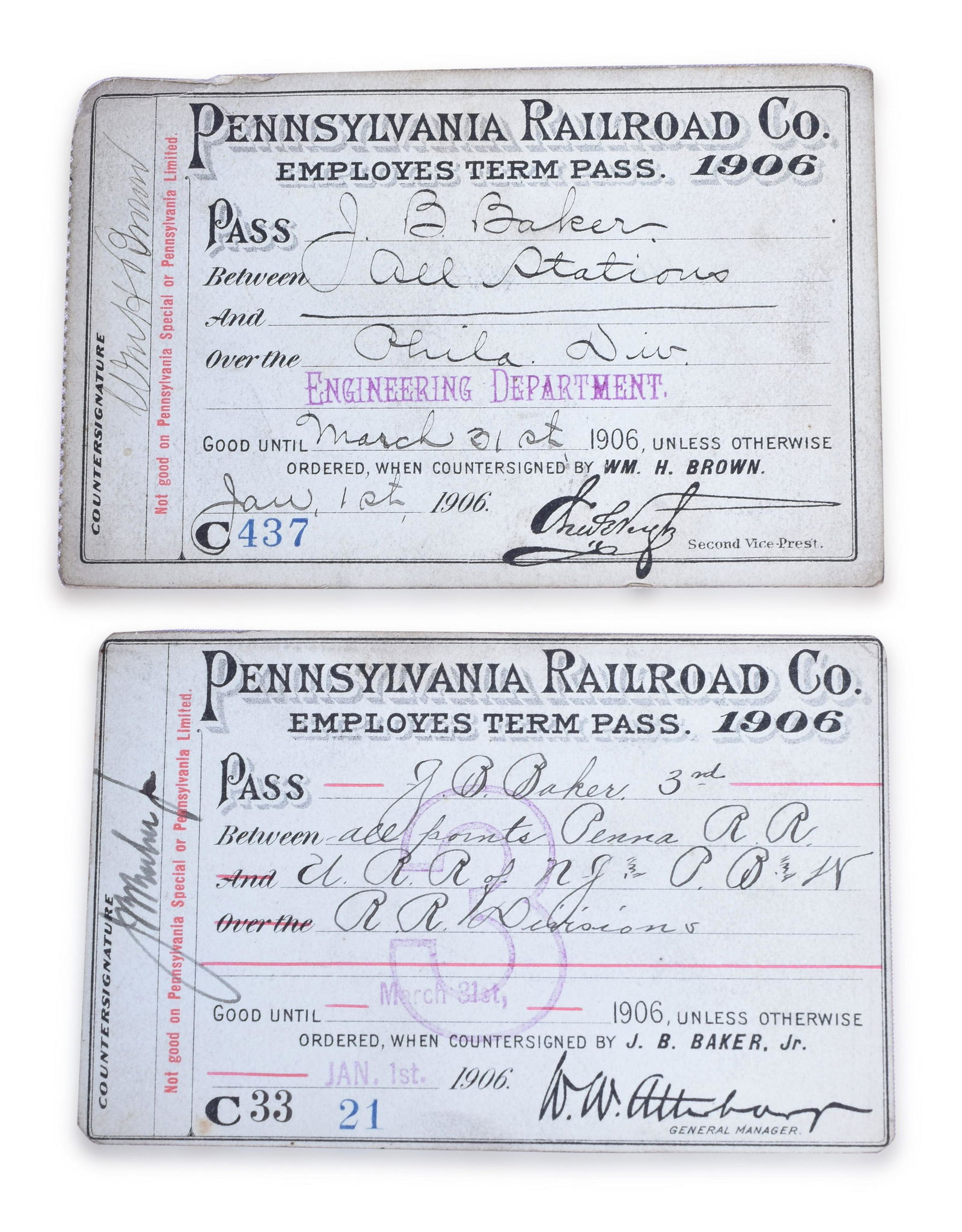 Pair of Pennsylvania Railroad 1906 Employee Terminal Passes (1 of 2)