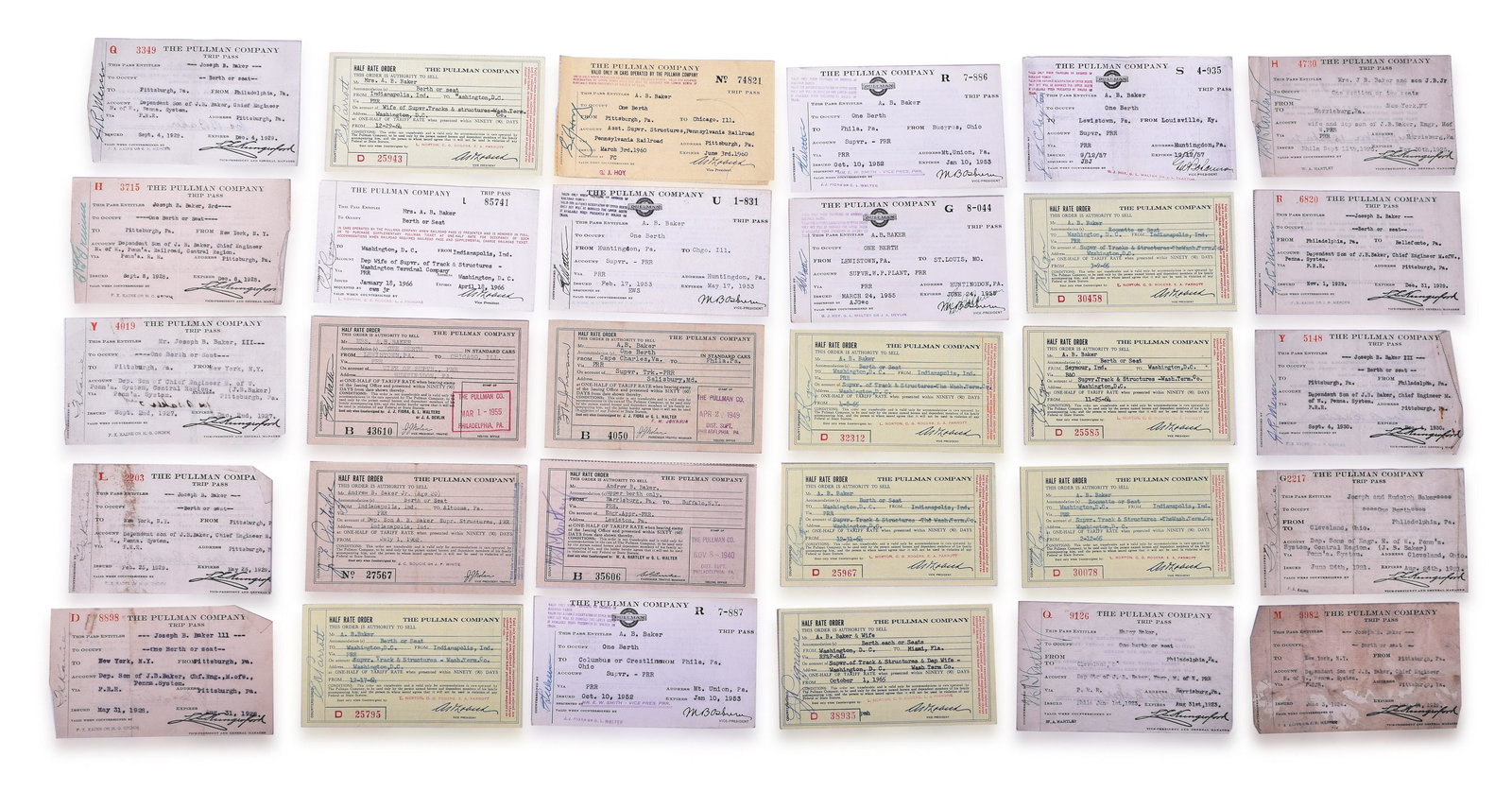 Forty eight Pullman Company Railroad Trip Passes and Half Rate Order Slips: Forty eight Pullman Company Railroad Trip Passes and Half Rate Order Slips Forty eight Pullman Company Trip Passes and Half Rate order slips. Dates between the 1920s-1950s. Edges have mild wear. Most