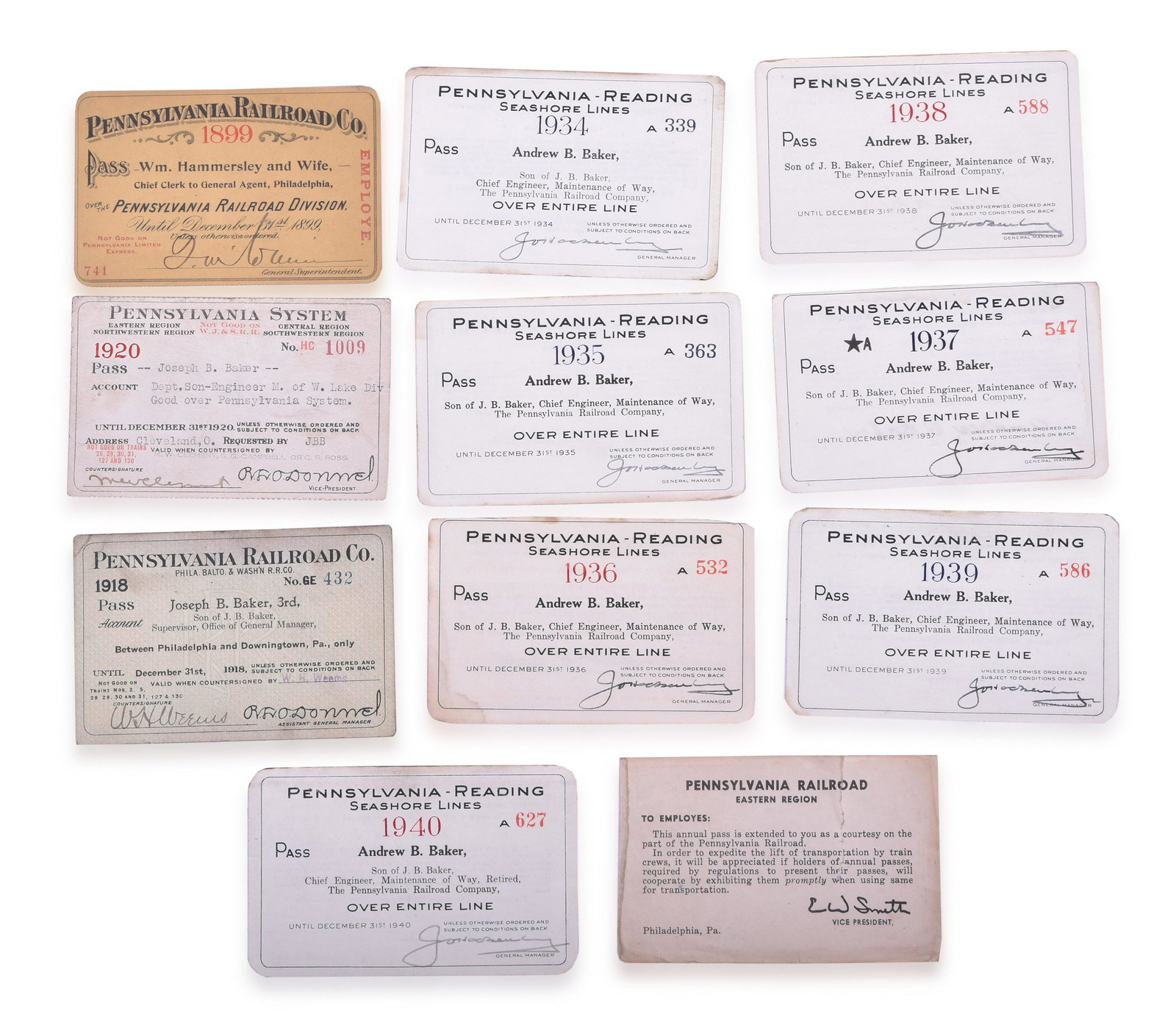 Eleven Pennsylvania and Pennsylvania-Reading Seashore Line Railroad Pass Group 1899-1940 (1 of 3)