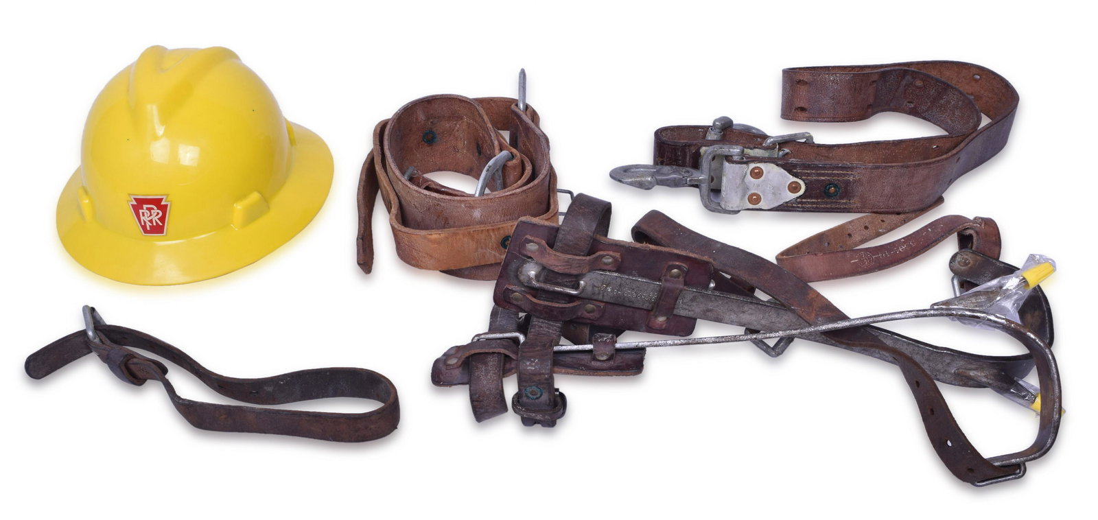 Pennsylvania Railroad Hard Hat and Lineman Gear: Pennsylvania Railroad Hard Hat and Lineman Gear Pennsylvania Railroad marked M-S-A yellow hard hat with the Keystone logo on the front. Also included is a leather lineman belt stamped 7 59 with the Pe