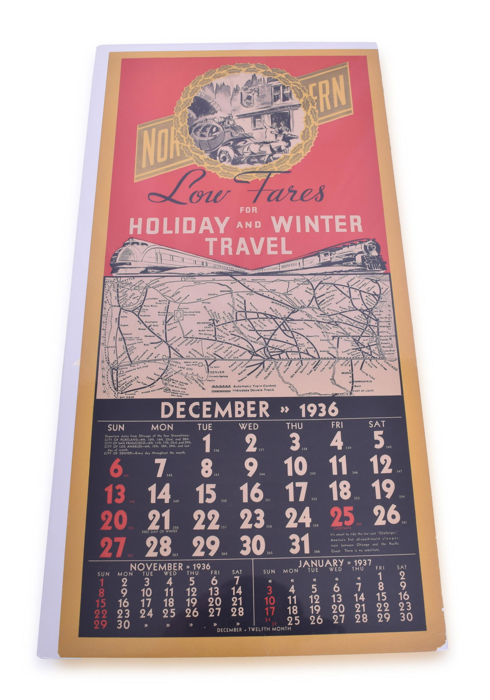 Chicago and North Western Railroad December 1936 Holiday Travel Poster / Calendar (1 of 3)
