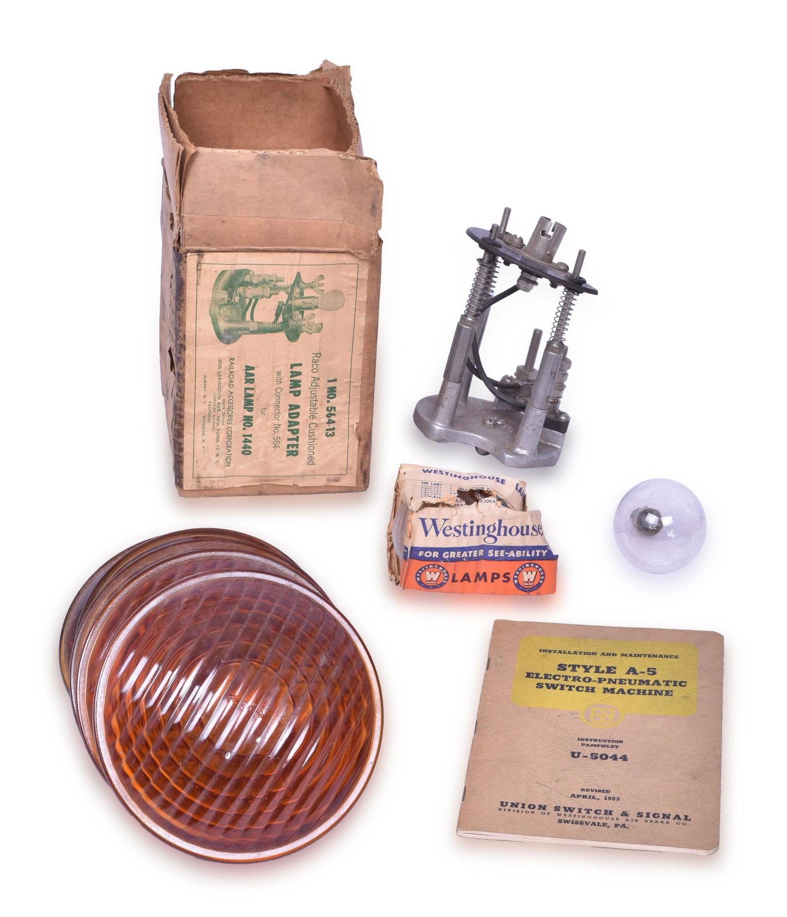 Railroad Signal Parts Lot - RACO Lamp Adapters, Lenses, US&S A-5 Manual, Westinghouse Bulbs (1 of 2)