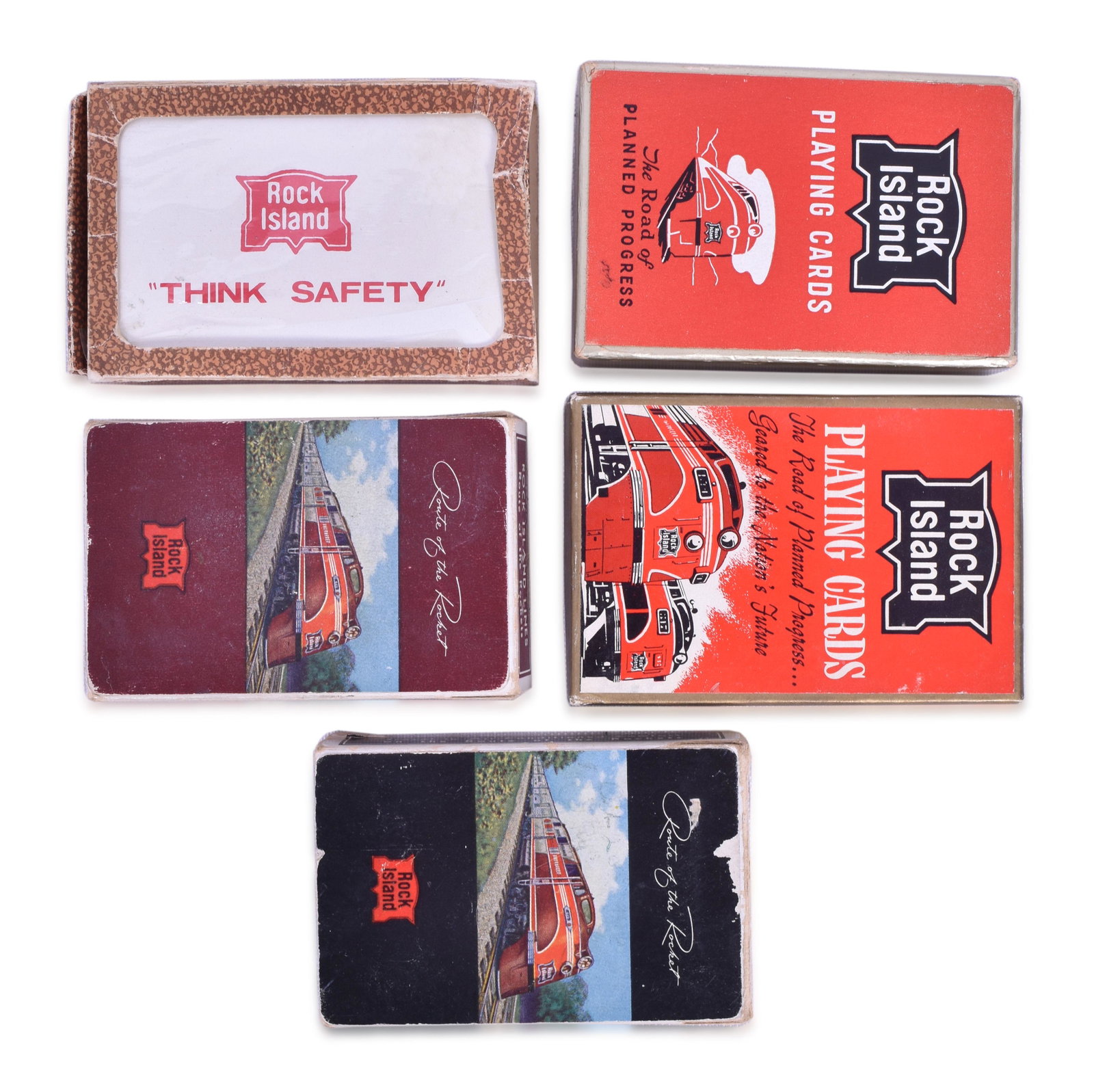 Five Variations of Rock Island Railroad Playing Card Decks: Five Variations of Rock Island Railroad Playing Card Decks Five variations of Rock Island playing cards includes two variations of the Route of the Rocket, deck with two passenger diesel locomotives, 
