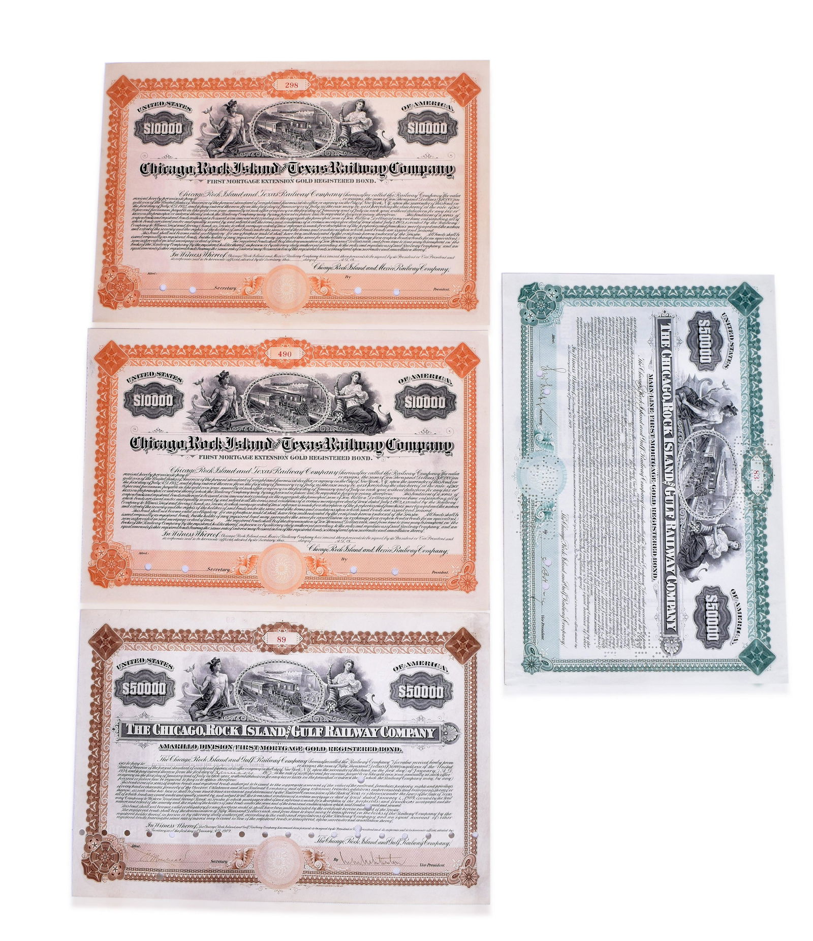 Four Chicago, Rock Island & Texas and Chicago, Rock Island & Gulf Railroad Gold Bonds (1 of 2)