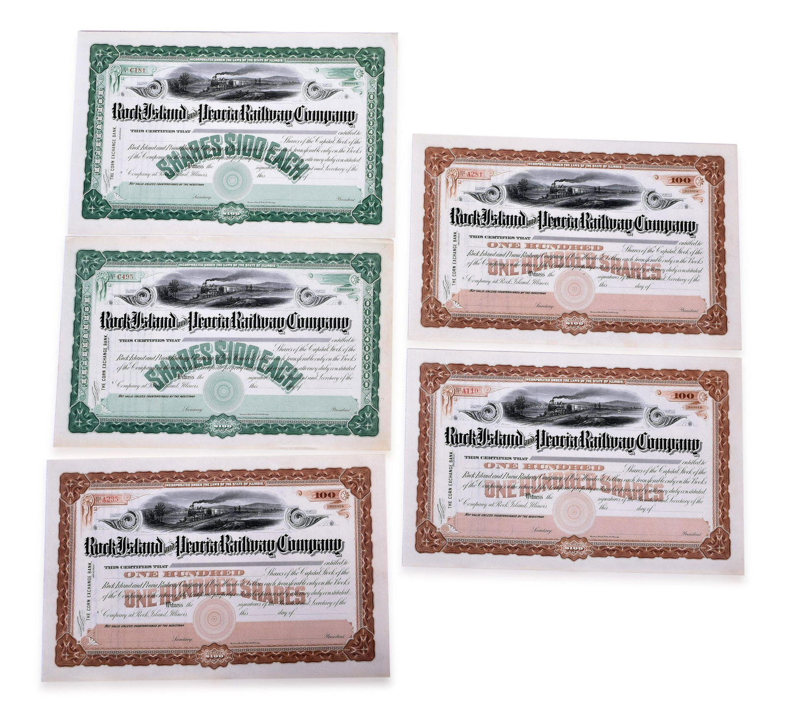 Five Unissued Rock Island and Peoria Railway Company Stocks (1 of 2)