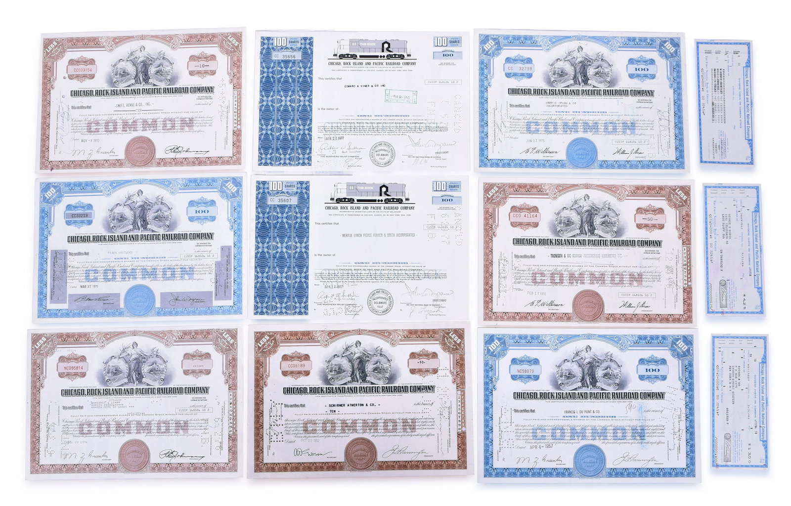Nine Canceled Rock Island and The Rock Railroad Stock Certificates Plus Dividend Checks (1 of 2)