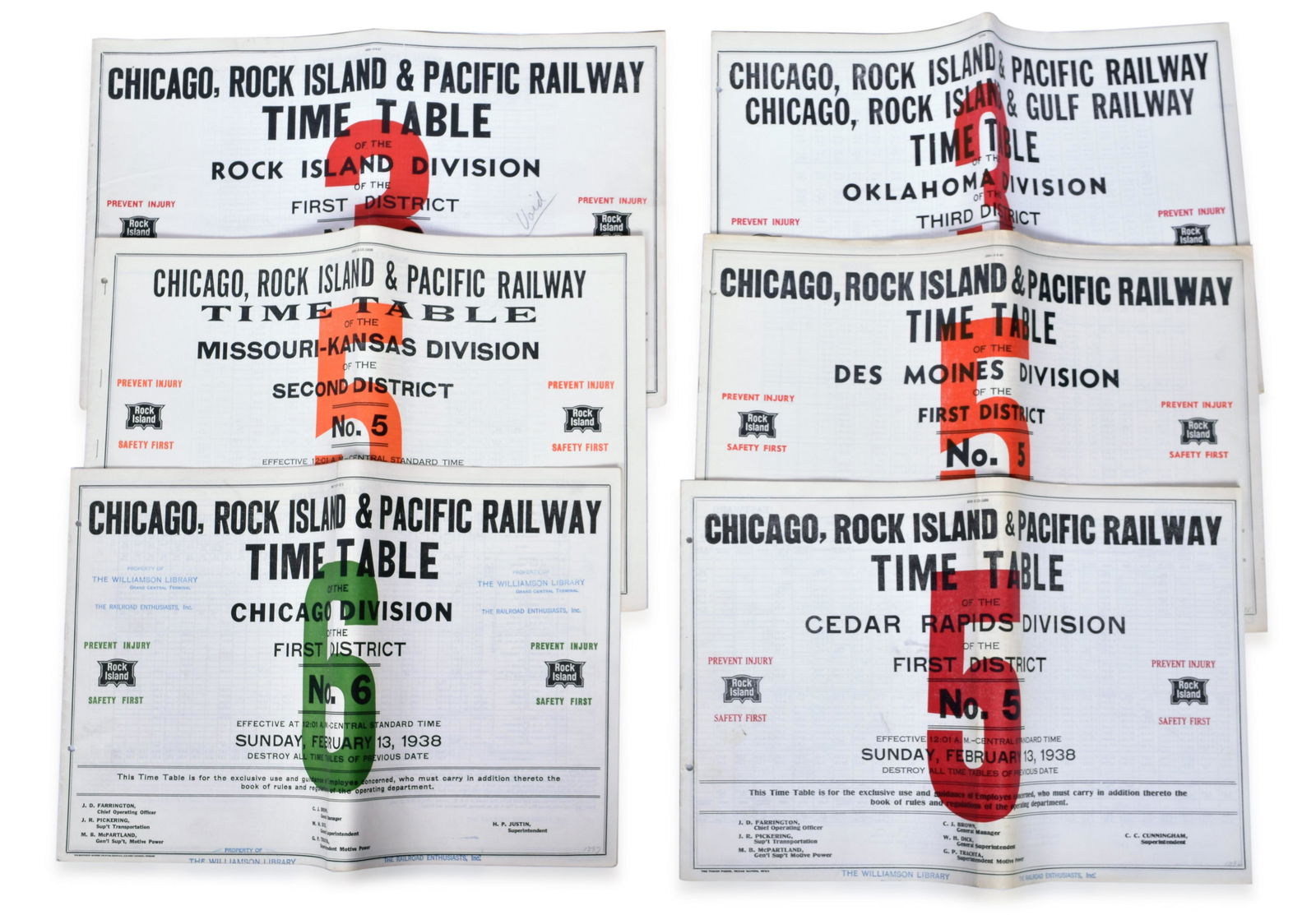 Six 1937 and 1938 Rock Island Railroad Employee Large Format Timetables (1 of 2)