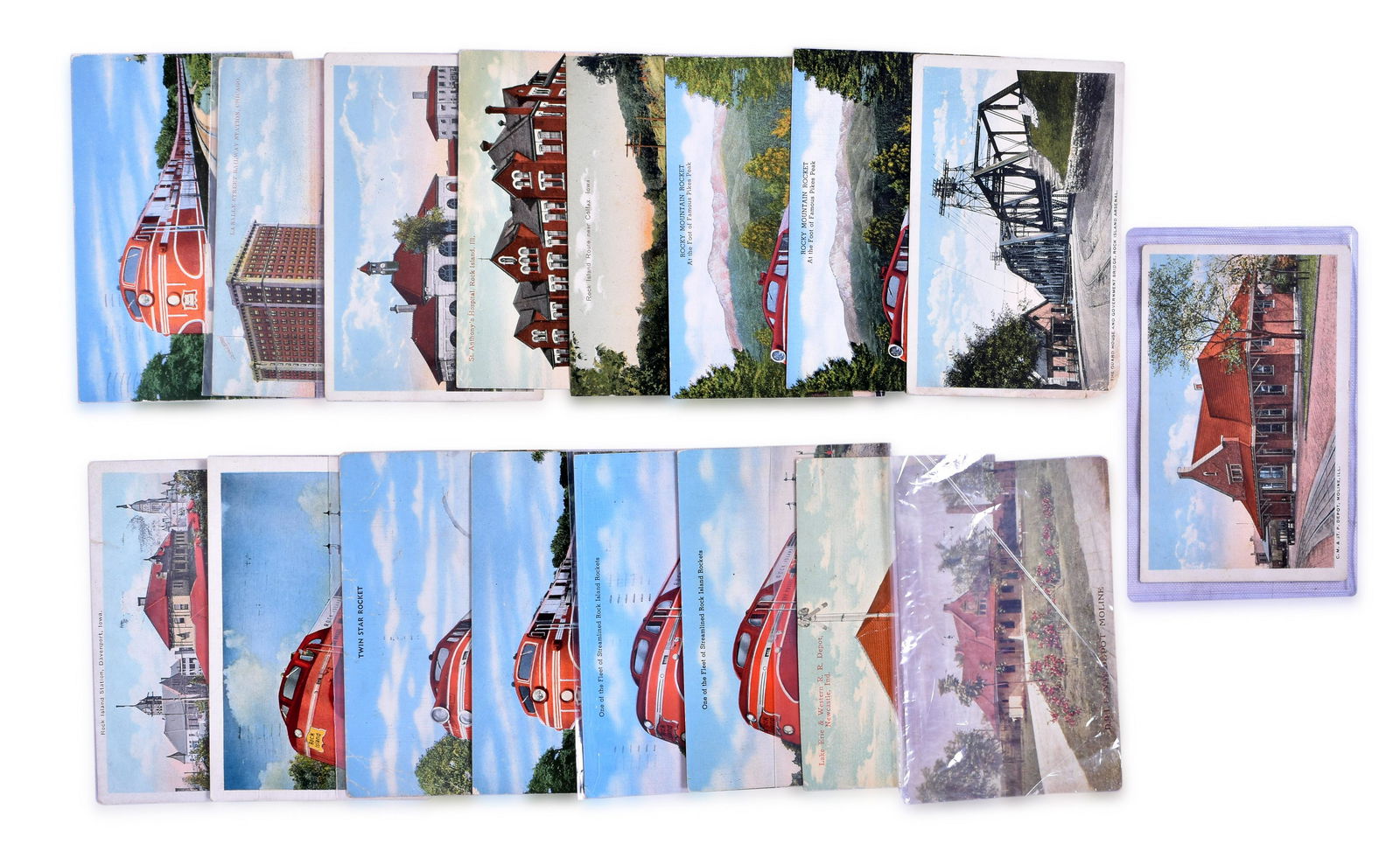 Seventeen Rock Island Railroad Advertising Postcards - Named Passenger Trains & Structures (1 of 2)