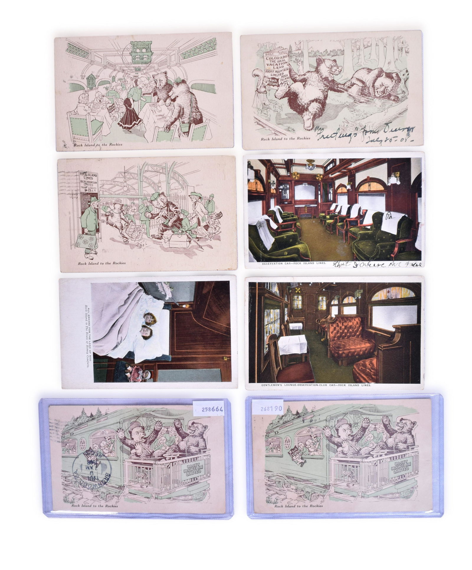 Eight Rock Island Railroad Advertising Postcards - Rock Island to the Rockies, Passenger Train (1 of 2)