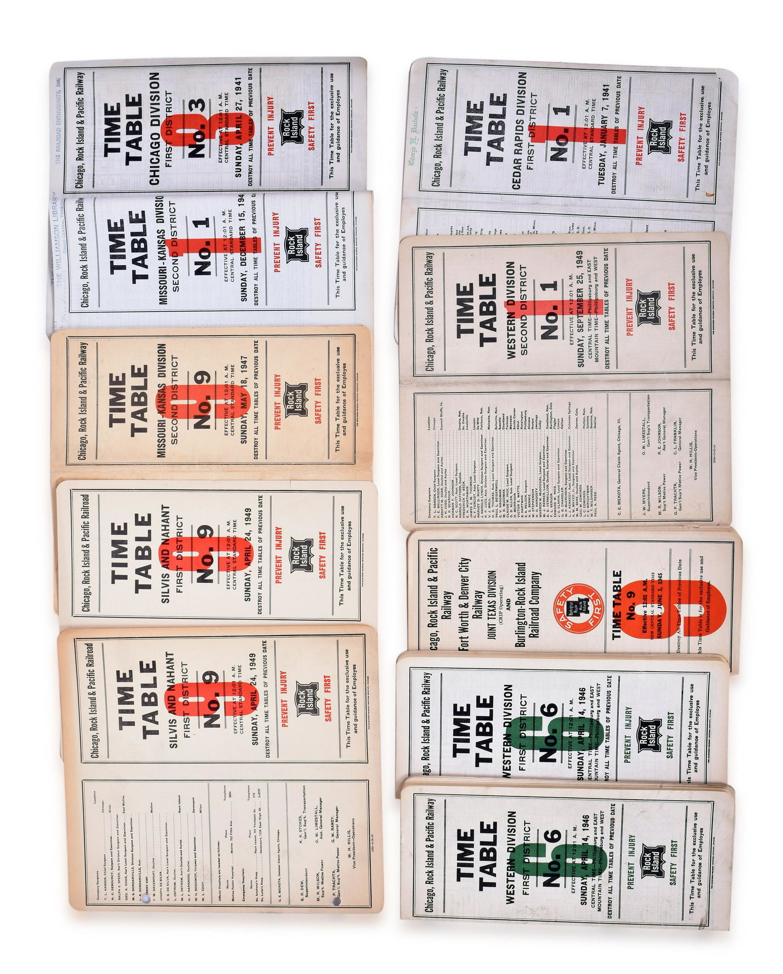 Ten 1940s Chicago, Rock Island & Pacific Employee Timetables - Various Divisions (1 of 2)