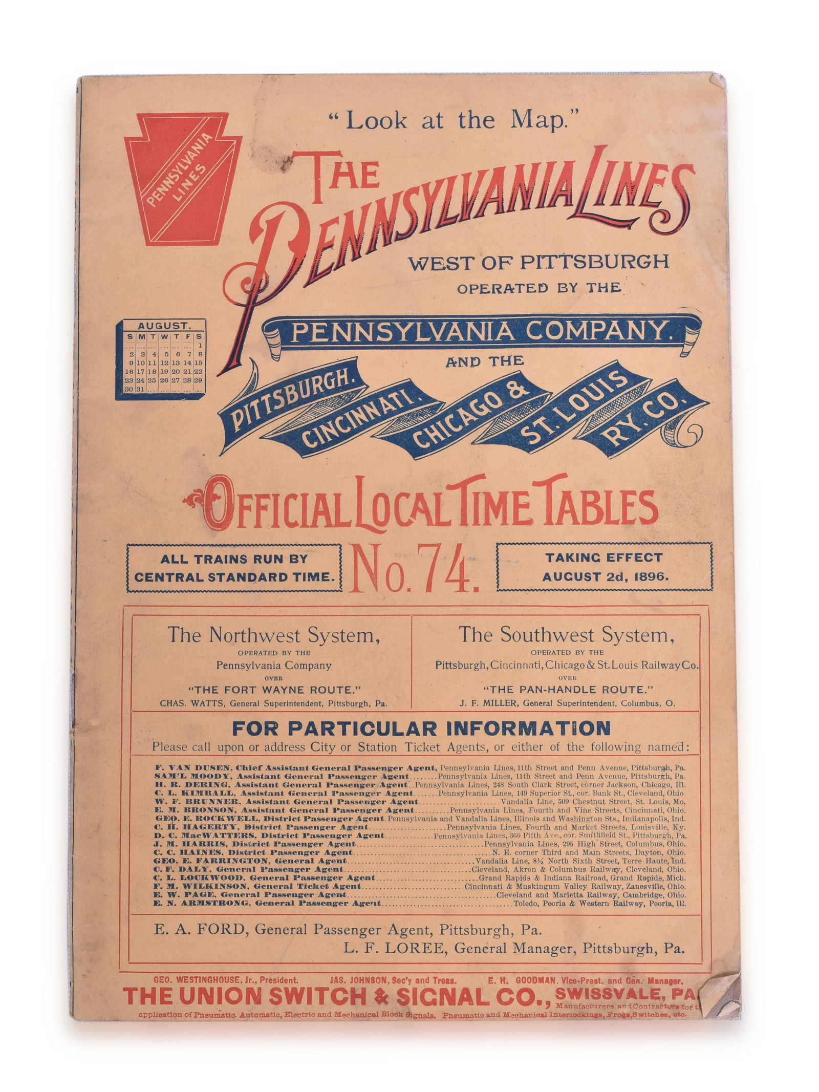 The Pennsylvania Lines Railroad August 1896 Timetable (1 of 3)