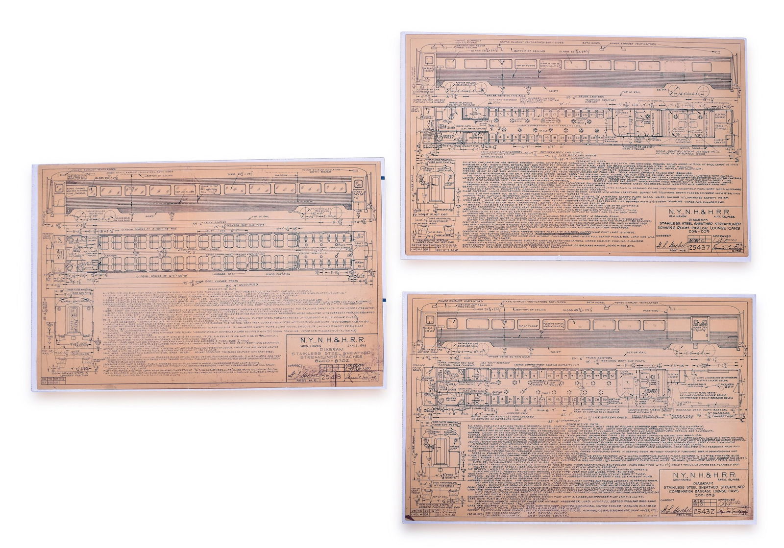Three New York, New Haven, & Hartford Streamlined Pullman Standard Railroad Passenger Car Diagrams (1 of 2)