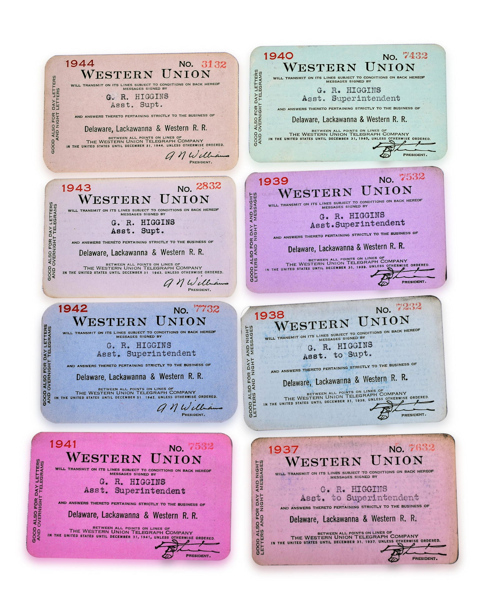 Eight Western Union Passes 1937-1944 - DL&W Railroad Issued (1 of 2)