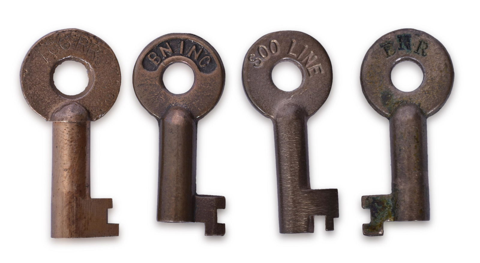 Four Brass Railroad Keys - Illinois Central Gulf, Burlington Northern, Soo Line (1 of 4)