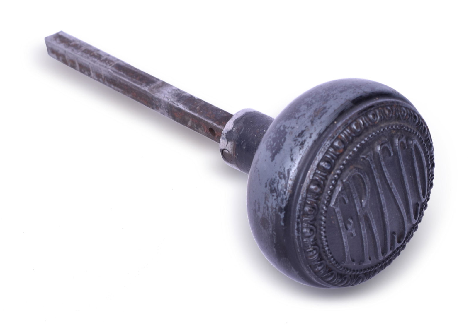 Ornate Frisco Railroad Door Knob: Frisco Railroad Door Knob Frisco Railroad Door Knob. Very ornate casting with FRISCO centered in the door knob. Knob measures 2 1/4" in diameter. Shaft square is 1/4" inch. See photos for best descrip