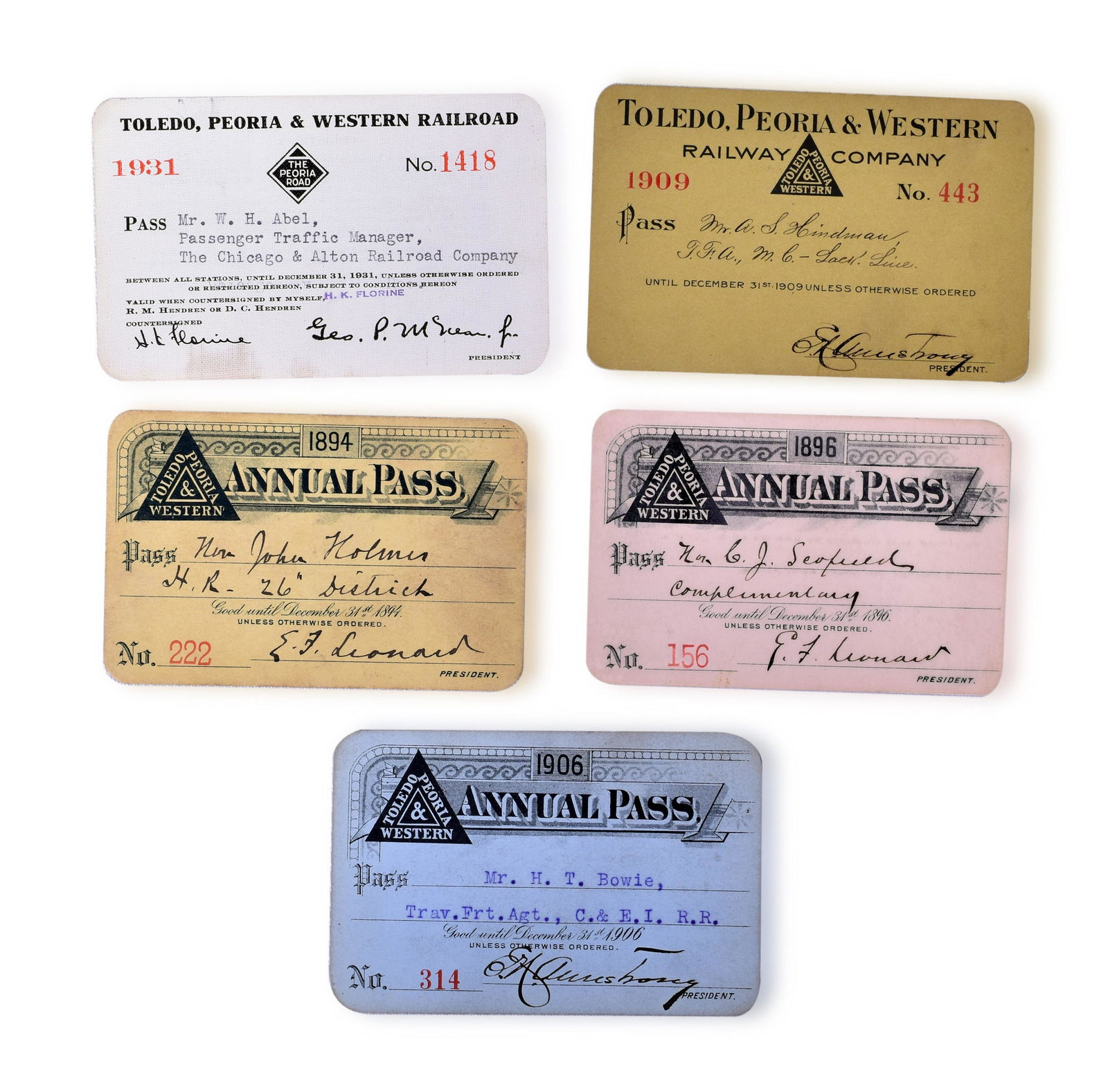 Five Toledo, Peoria & Western Railroad Annual Passes - 1894, 1896, 1905, 1909, 1931 (1 of 2)