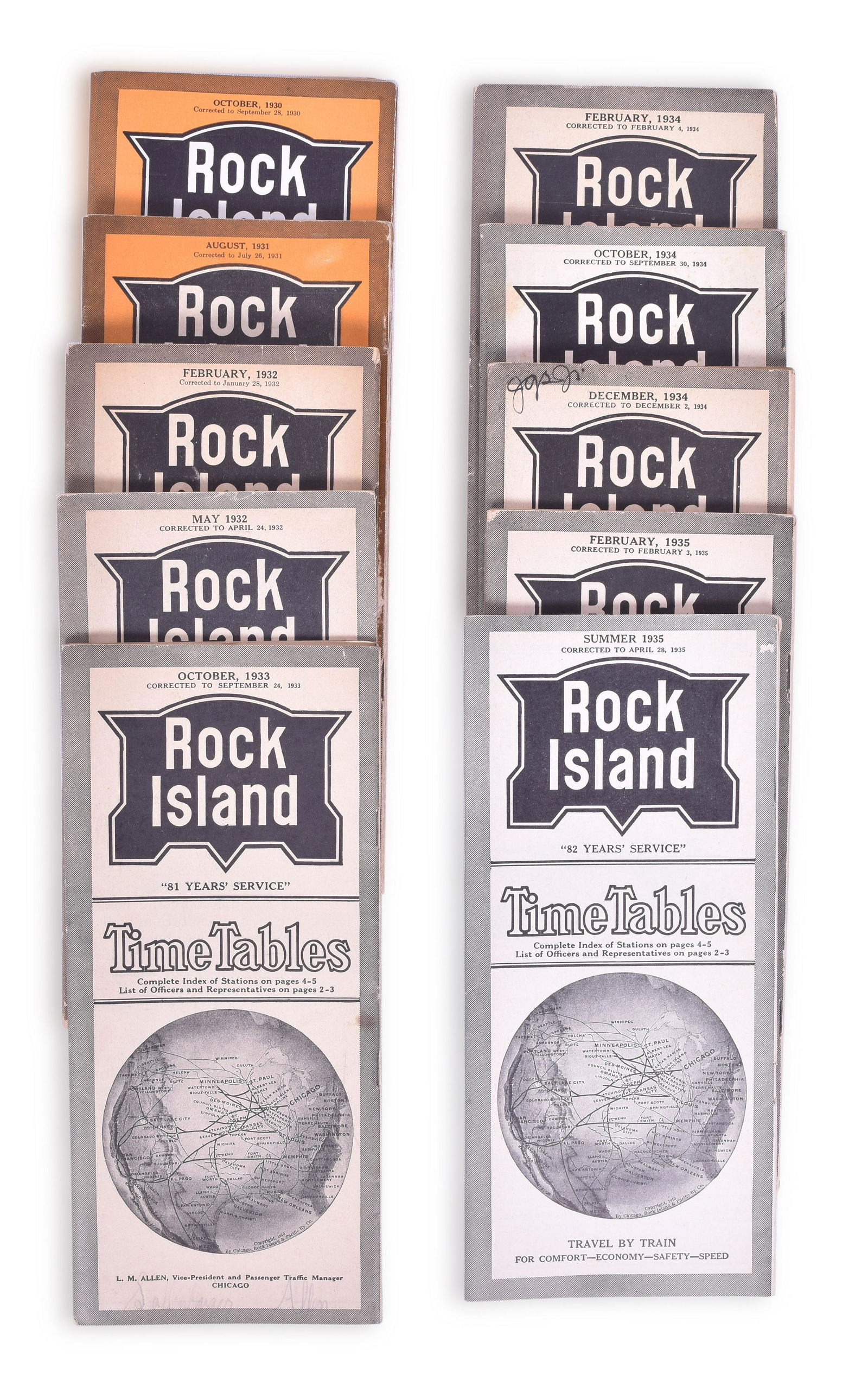 Rock Island Railroad Chicago 1930's Timetables: Group of 1930, 1931, 1932, 1933, 1934, & 1935 Route of the Rockets Rock Island Timetables. These Chicago Timetables cover the following tables: 9/28/1930 shows minimal signs of use, 7/26/1931 has stan