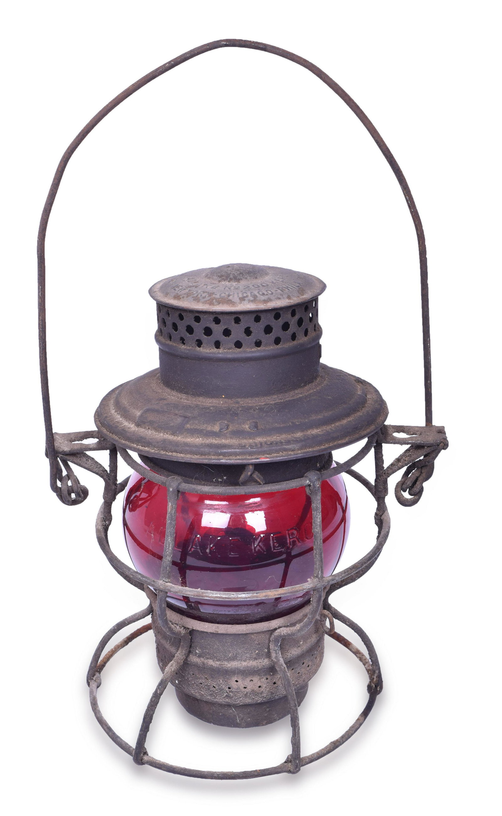 Adams & Westlake Kero 200 Chicago and Alton Railroad Lantern w/ Red Globe: Adams & Westlake Kero 200 Chicago and Alton Railroad with red globe. Top embossed with C&A.R.R. Red globe cast with Adlake Kero has minor top rim chips. No cracks or breaks. Burner pot is intact. The 