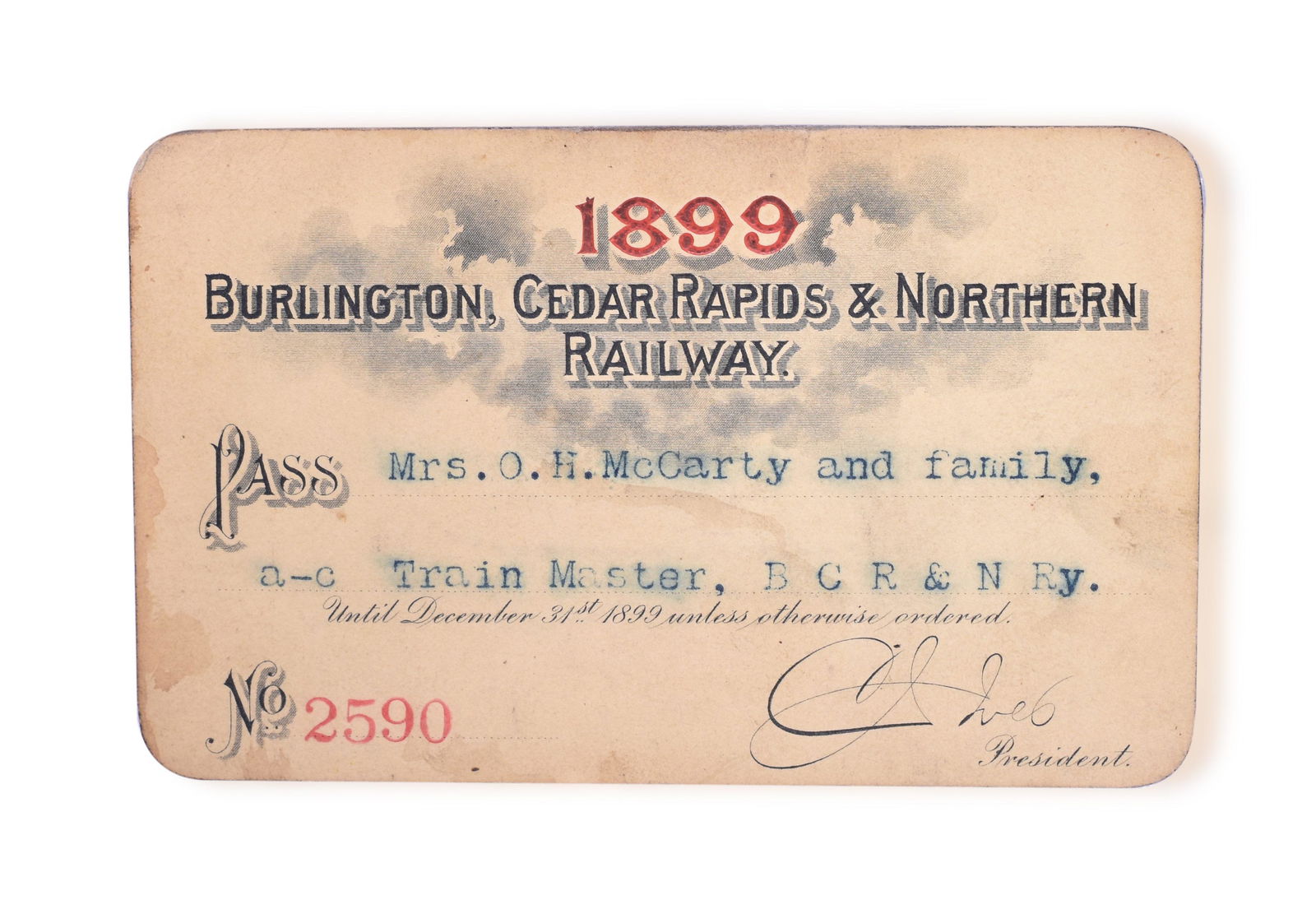1899 Burlington, Cedar Rapids and Northern Railway Annual Pass (1 of 2)