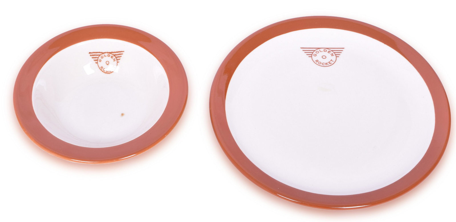 Golden Rocket Chicago Rock Island & Pacific Railroad Cereal Bowl & Plate: Golden Rocket Rock Island Lines Railroad Cereal Bowl & Plate. 6" Golden Rocket cereal bowl is top stamped, base reads Ivory Shenango China new Castle. PA. U.S.A. & show little to know signs of use wit