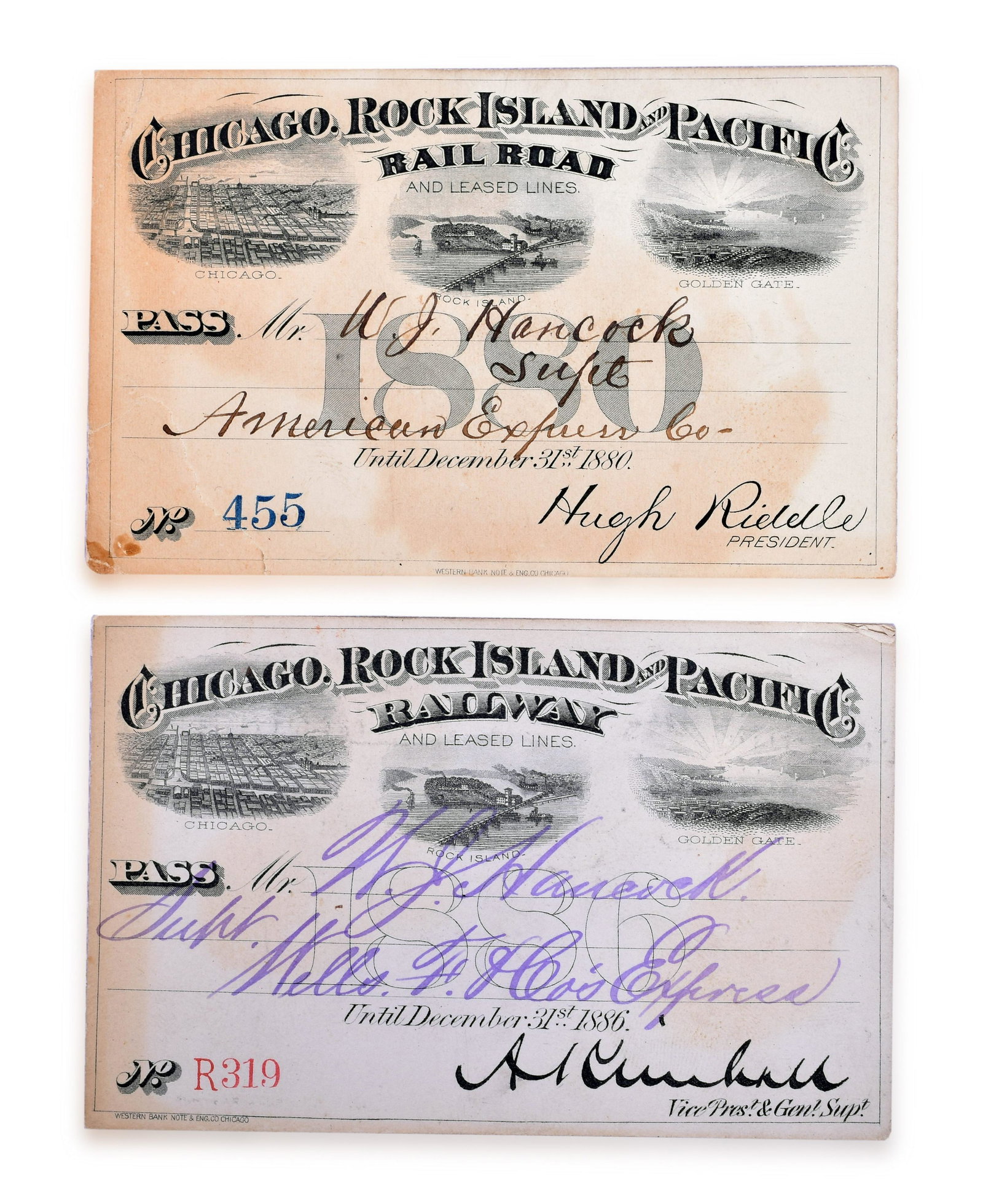 Chicago, Rock Island & Pacific 1880 and 1886 Annual Passes: Chicago, Rock Island & Pacific annual passes from 1880 and 1886. The 1880 pass is No. 455 and was issued to W.J. Hancock the superintended of American Express Co. The lower left corner is torn and the