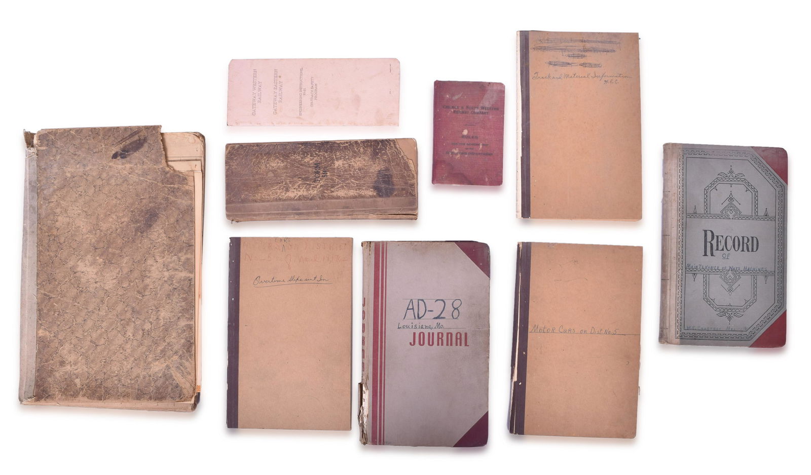 Railroad Ledgers and Notebooks - Wabash Railway 1910/11 and More: Group of railroad ledger and notebooks. Includes Wabash 1910 / 1911 register of waybills received at Alexander, Illinois, 1929 Chicago and North Western rule book, form 59 1/2 book starting in 1934, r