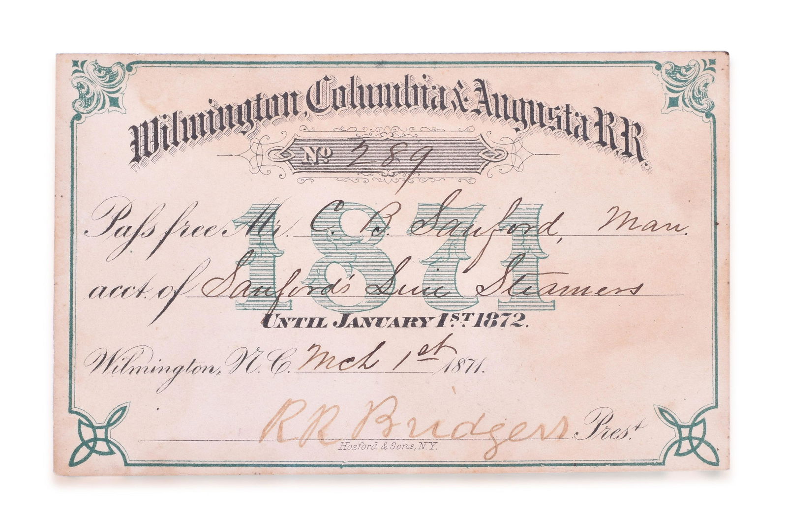 1871 Wilmington, Columbia & Augusta Railroad Annual Pass - President Signed (1 of 2)
