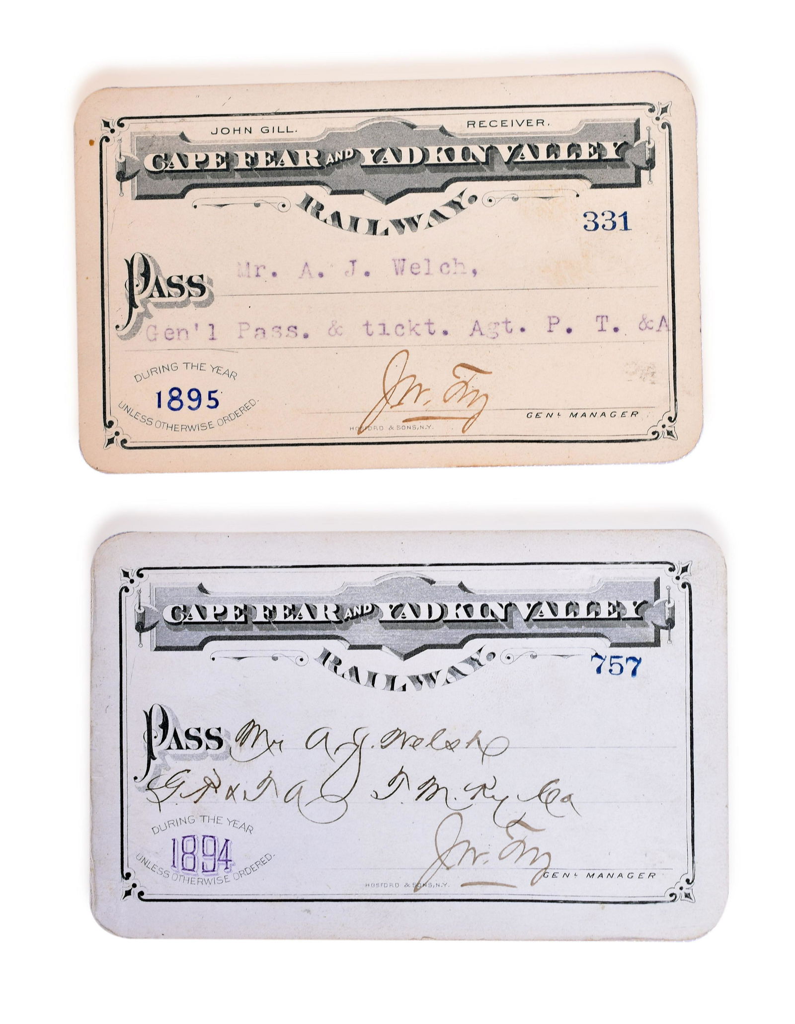 1894 and 1895 Cape Fear and Yadkin Valley Railway Annual Passes (1 of 2)