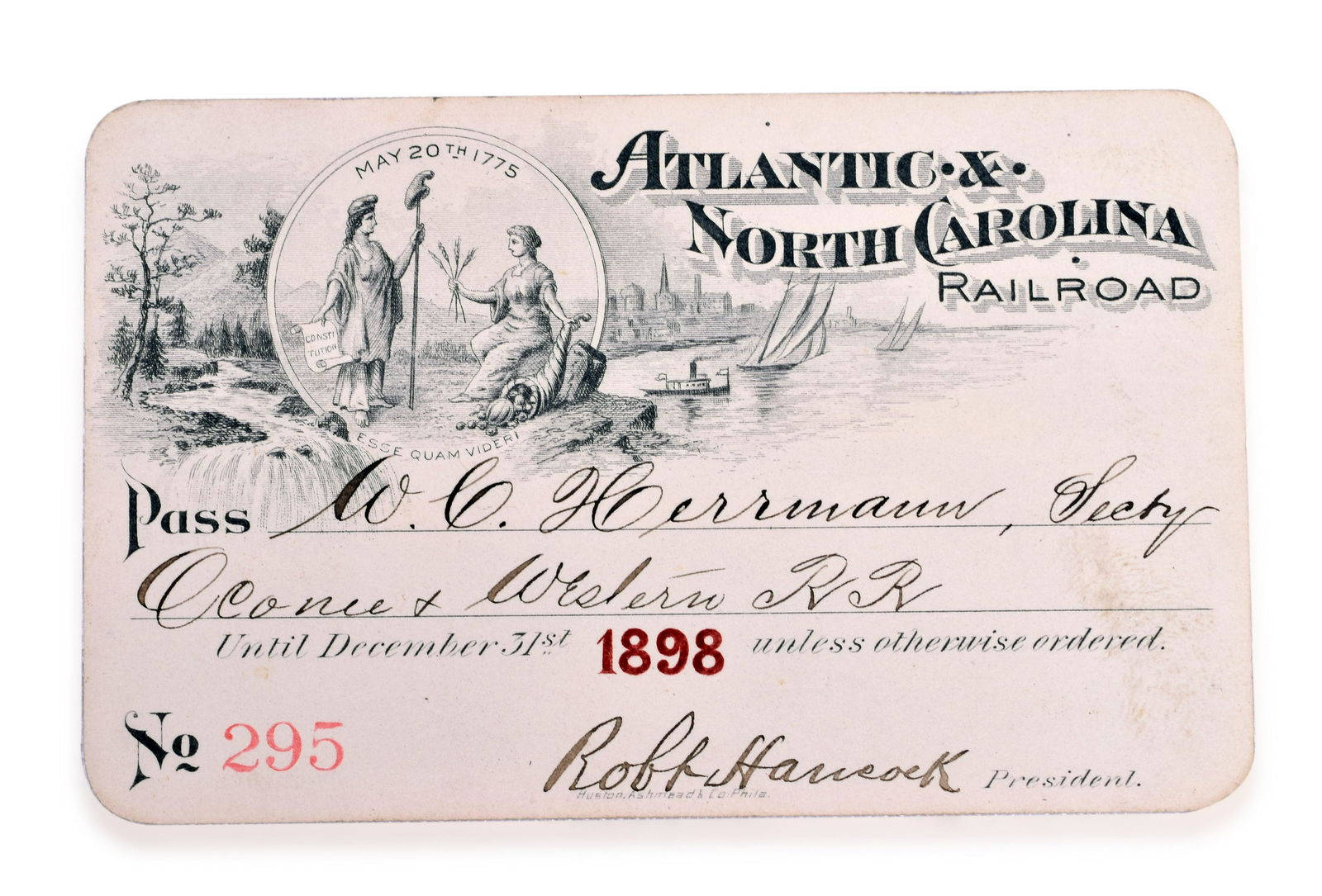 Atlantic and North Carolina Railroad 1898 Annual Pass (1 of 2)