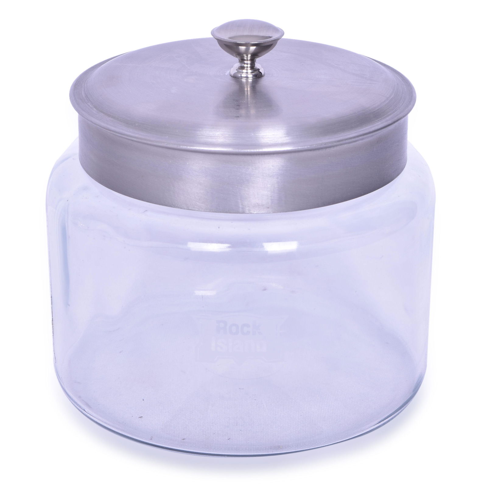 Chicago, Rock Island and Pacific Railroad Glass Cookie Jar Reproduction: Reproduction Rock Island and Pacific Railroad glass cookie jar with metal lid. Measuring 6 3/4" round the cookie jar has and etched Rock Island logo & shows minimal signs of use.