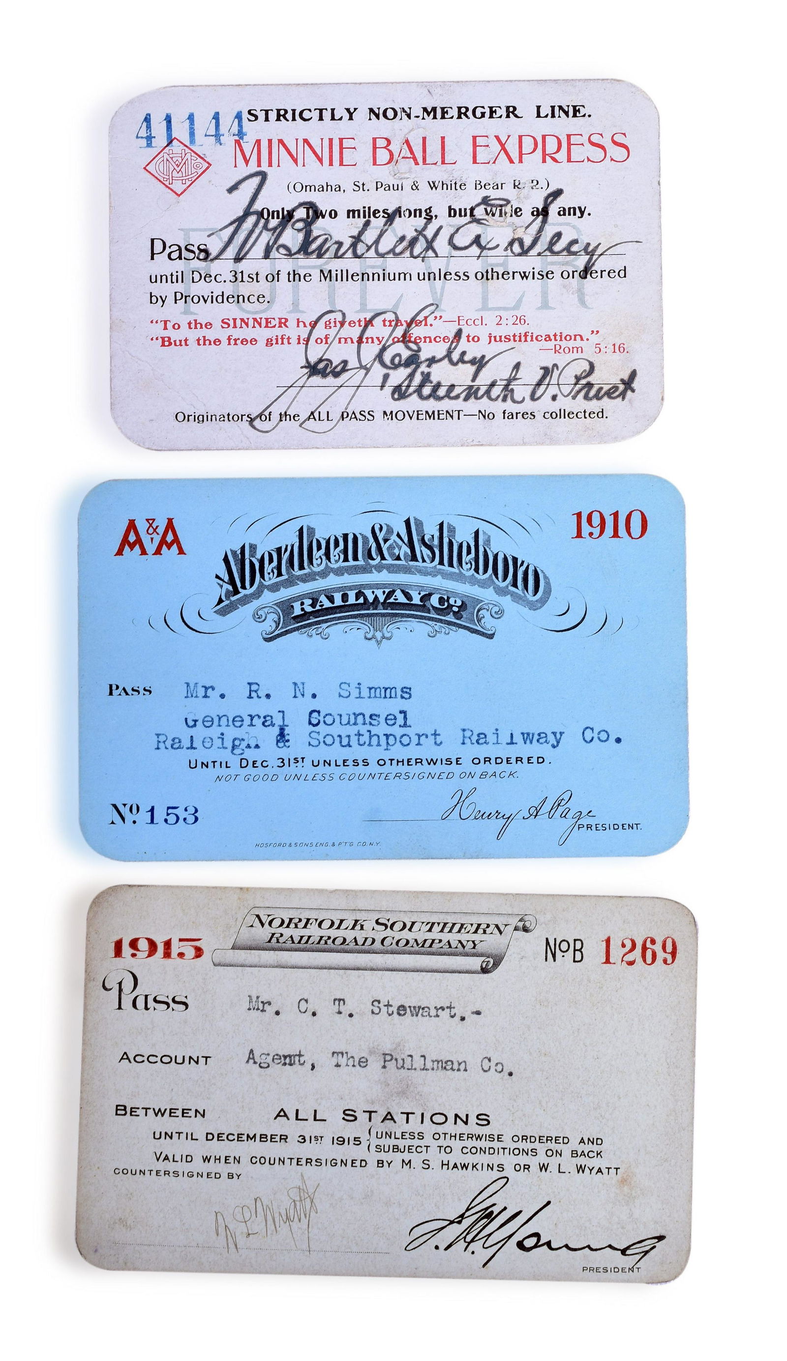 Three Annual Railroad Passes 1915 Norfolk Southern, 1910 Aberdeen & Asheboro, Minnie Ball Express - (1 of 2)