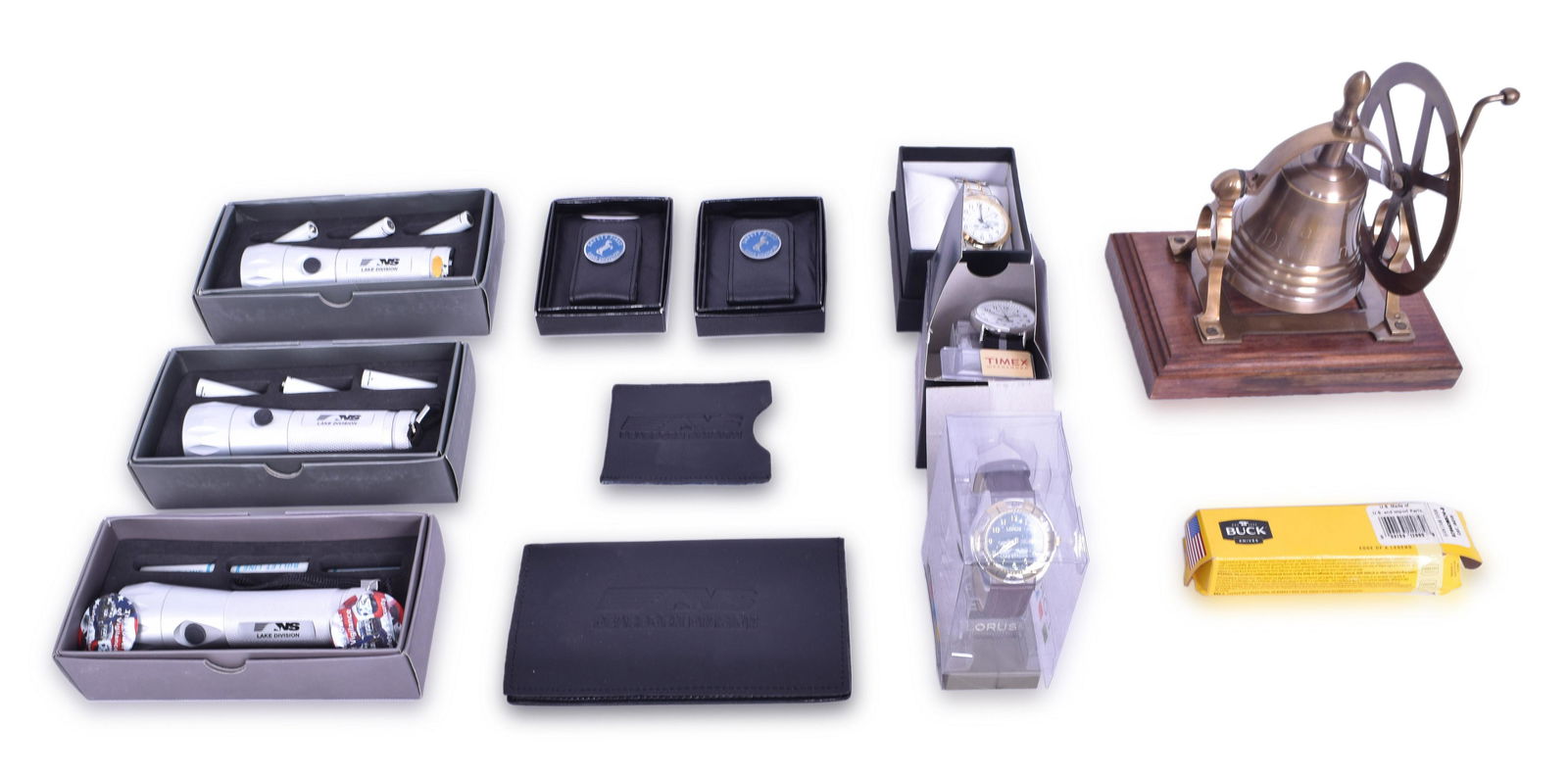 Norfolk Southern Railroad Watches, Credit Card Holders, Buck Knife, and Other Safety Awards: Group includes three Norfolk Southern watches, three credit card holders (two Lake Division, one Dearborn), Buck knife with Norfolk Southern on the blade, Dearborn checkbook holder, Lake Division deco