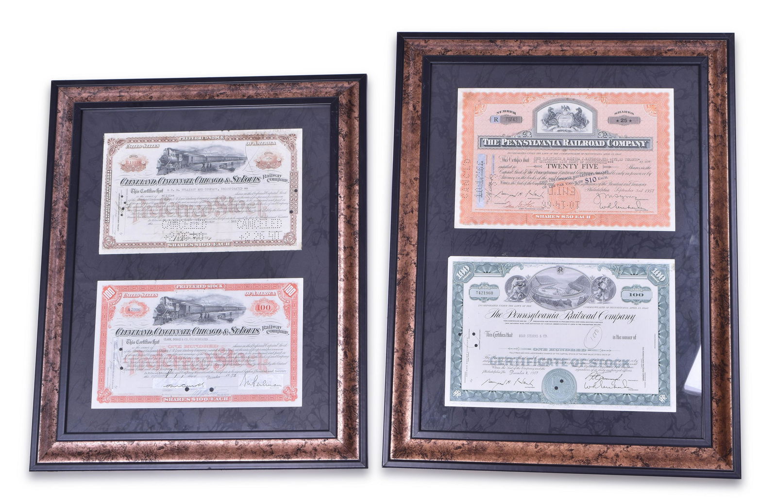 Eight Framed Railroad Stock Certificates - Pennsylvania, Big Four, GM&O, Boston and Maine, Missouri (1 of 8)