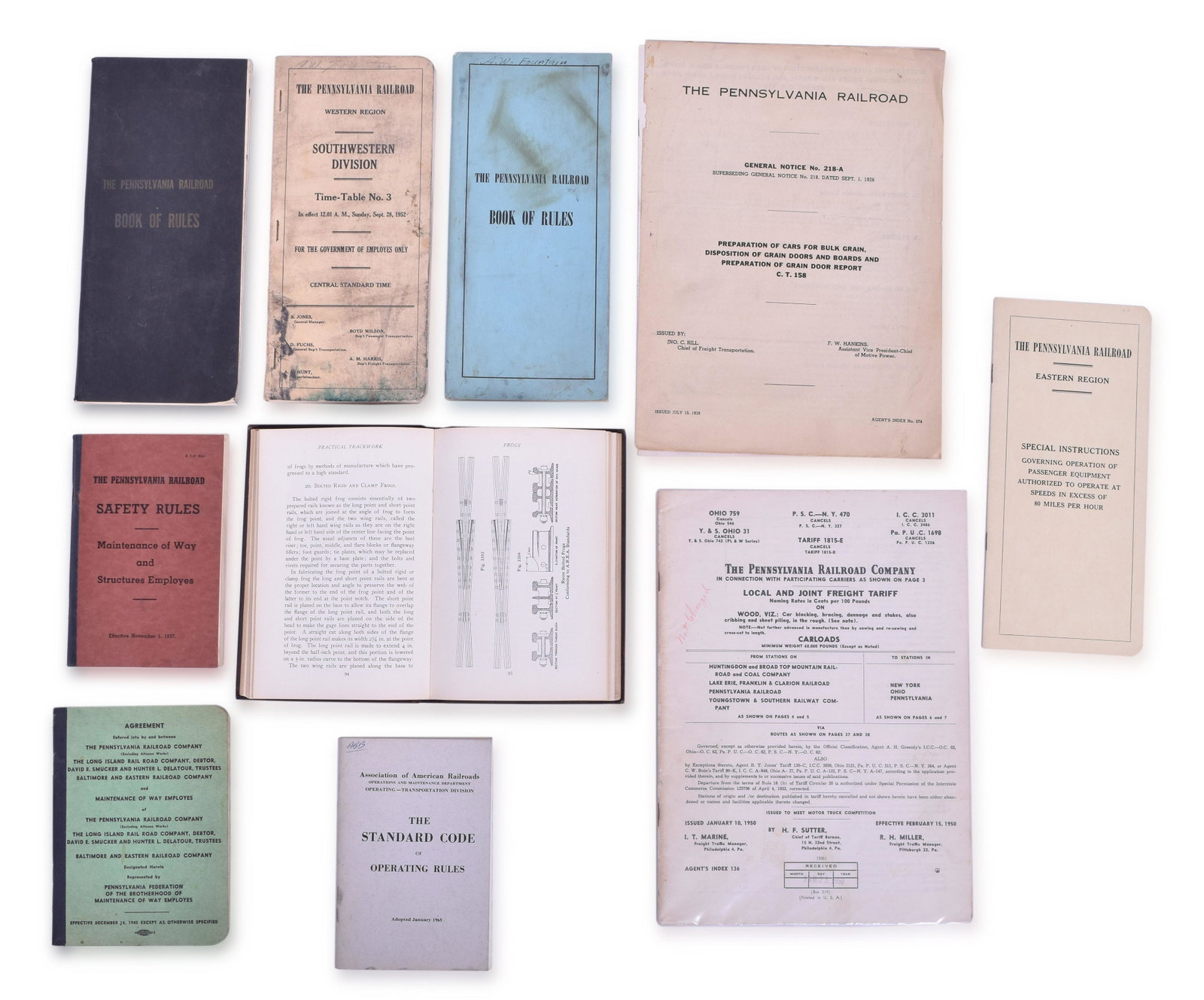 Pennsylvania Railroad Safety, Operating Rules, Speed Instructions, 1926 Practical Trackwork, Freight: Group of Pennsylvania Railroad safety, operating Rules, speed instructions, practical trackwork, freight tariff books, leaflets & booklets from 1920's-1960's all showing standard wear.