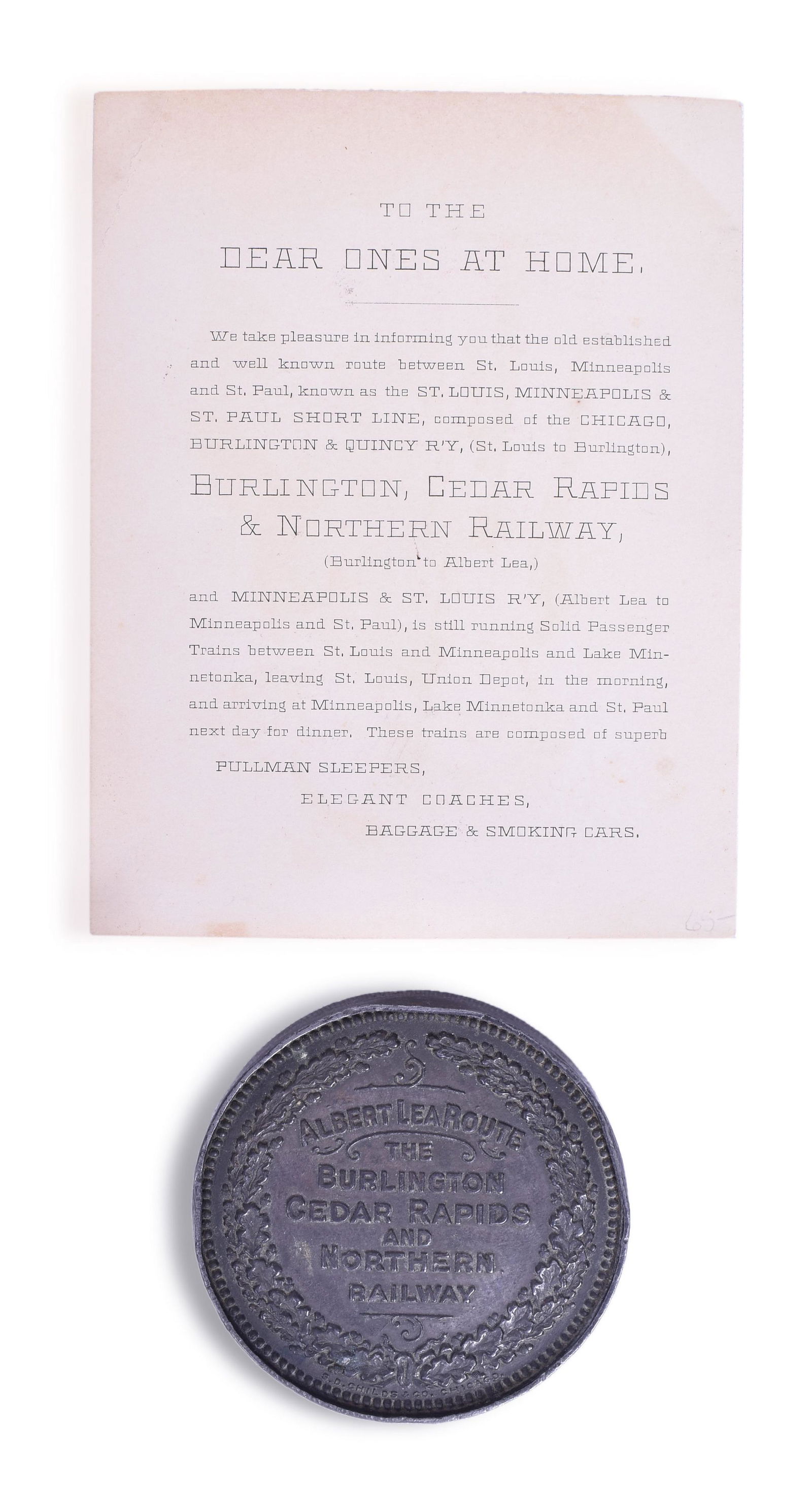 Burlington, Cedar Rapids & Northern Paper Weight and Postcard Notice (1 of 2)