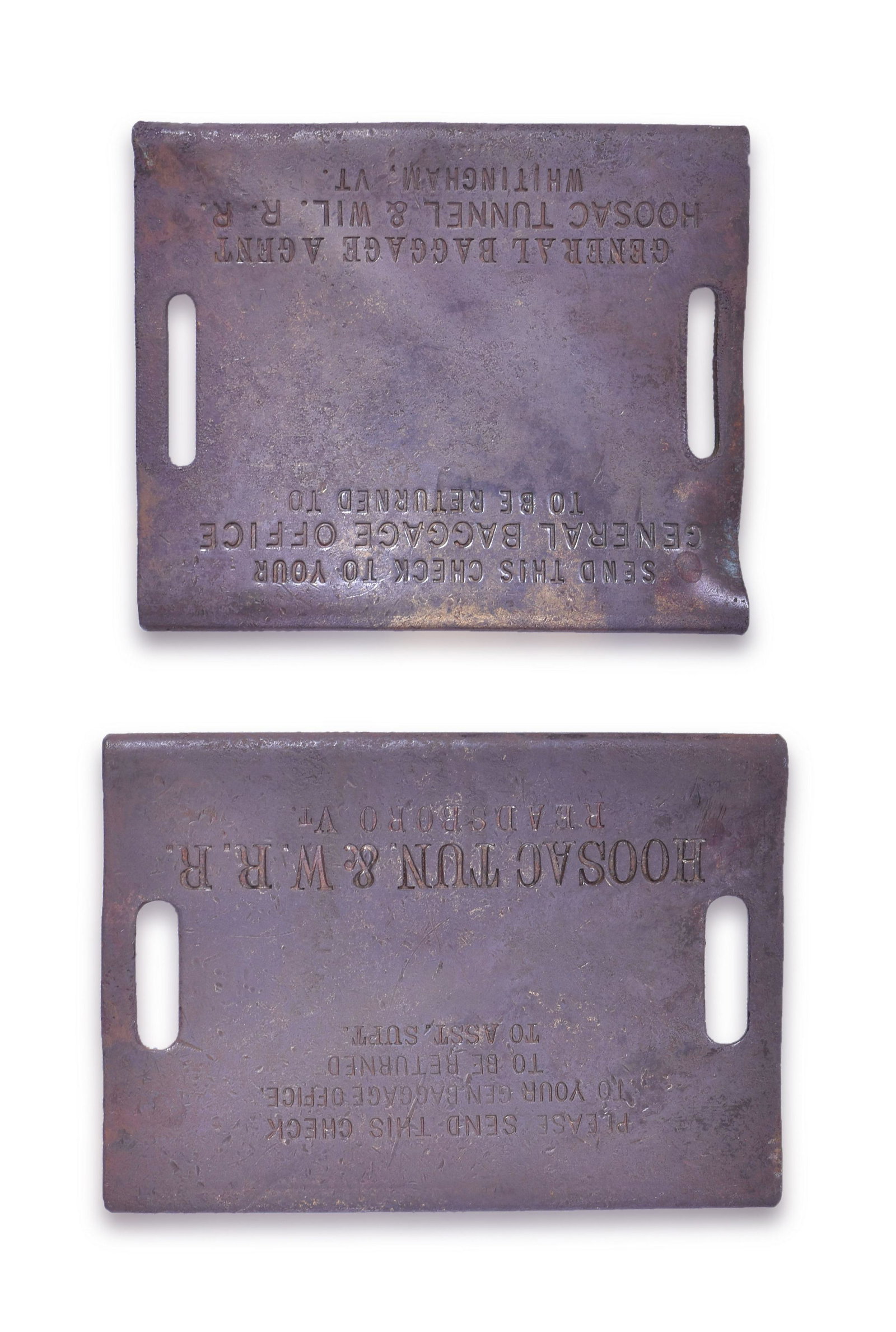 Pair of Hoosac Tunnel and Wilmington Railroad Luggage Tags: Pair of Hoosac Tunnel and Wilmington Railroad luggage tags. Both feature unique markings. One tag manufactured by J. Robbins measures 3"x2" and is marked Readsboro Vt. The second tag is unmarked for t
