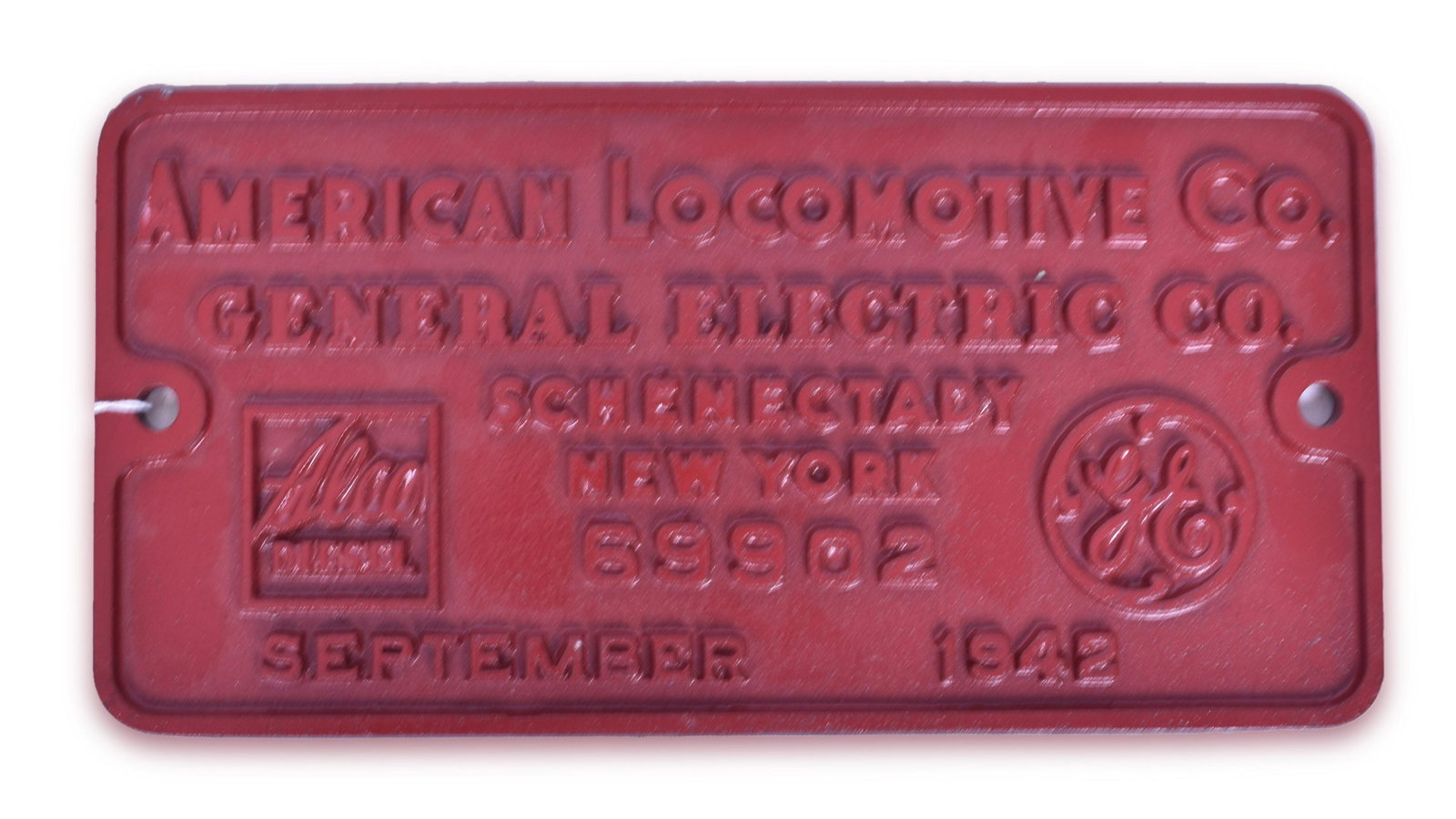 American Locomotive Works - Chicago, Rock Island & Pacific S2 Switcher Builders Plate: Alco cast builders plate from Rock Island S2 switcher #727. Plate shows a build date of September 1942 and a serial number of 69902. Plate measures 12" x 6" and has a newer coat of Rock Island red pai