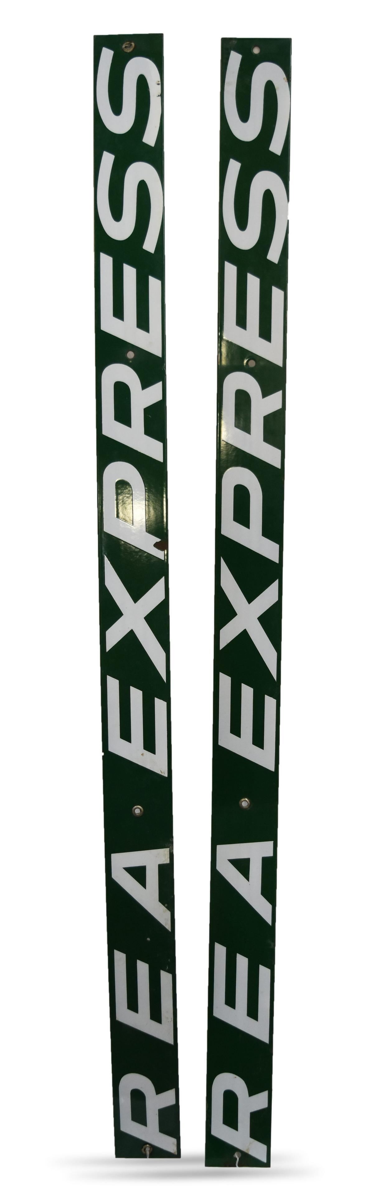Pair of Railway Express Agency Porcelain Signs: Pair of Railway Express Agency porcelain signs. Both marked REA Express and measure 60" x 3 1/2". Both signs are missing a few grommets and have minor porcelain chips, but overall display nicely and r