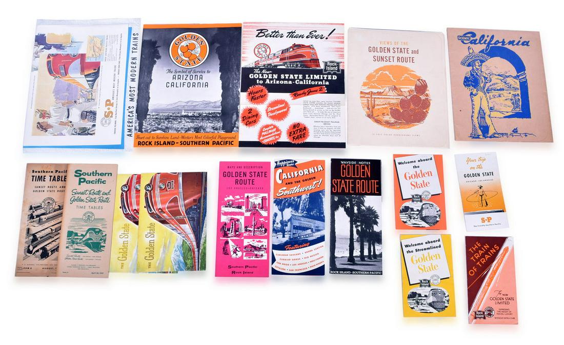 Group of 16 South Pacific and Rock Island Railroad Items - Golden State Advertisements, Timetables, (1 of 4)