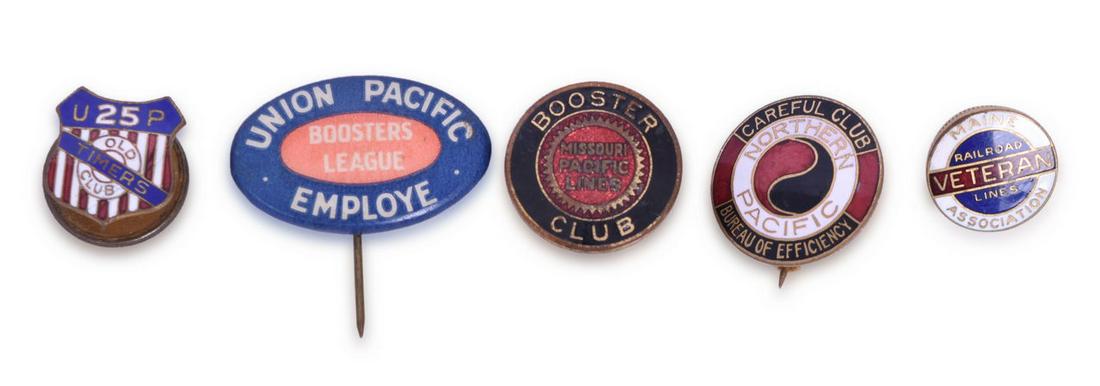 Five Railroad Pins- Missouri Pacific, Union Pacific, Northern Pacific, Maine Association: Five railroad pins. Includes Missouri Pacific screw back booster club pin, Union Pacific Boosters League pin, Northern Pacific Careful Club pin, Union Pacific "Old Timers" 25 year pin, Maine Associati