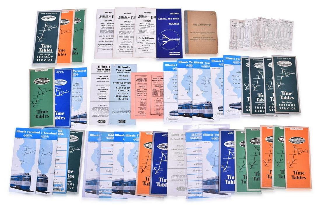 57 Illinois Terminal and Chicago Aurora and Elgin Railroad Public Timetables and Rule Book: Group of Illinois Terminal and Chicago Aurora and Elgin railroad timetables and more. Includes 41 public timetables spanning the mid 1930s to early 1950s, 11 suburban timetables. CAE items include fou