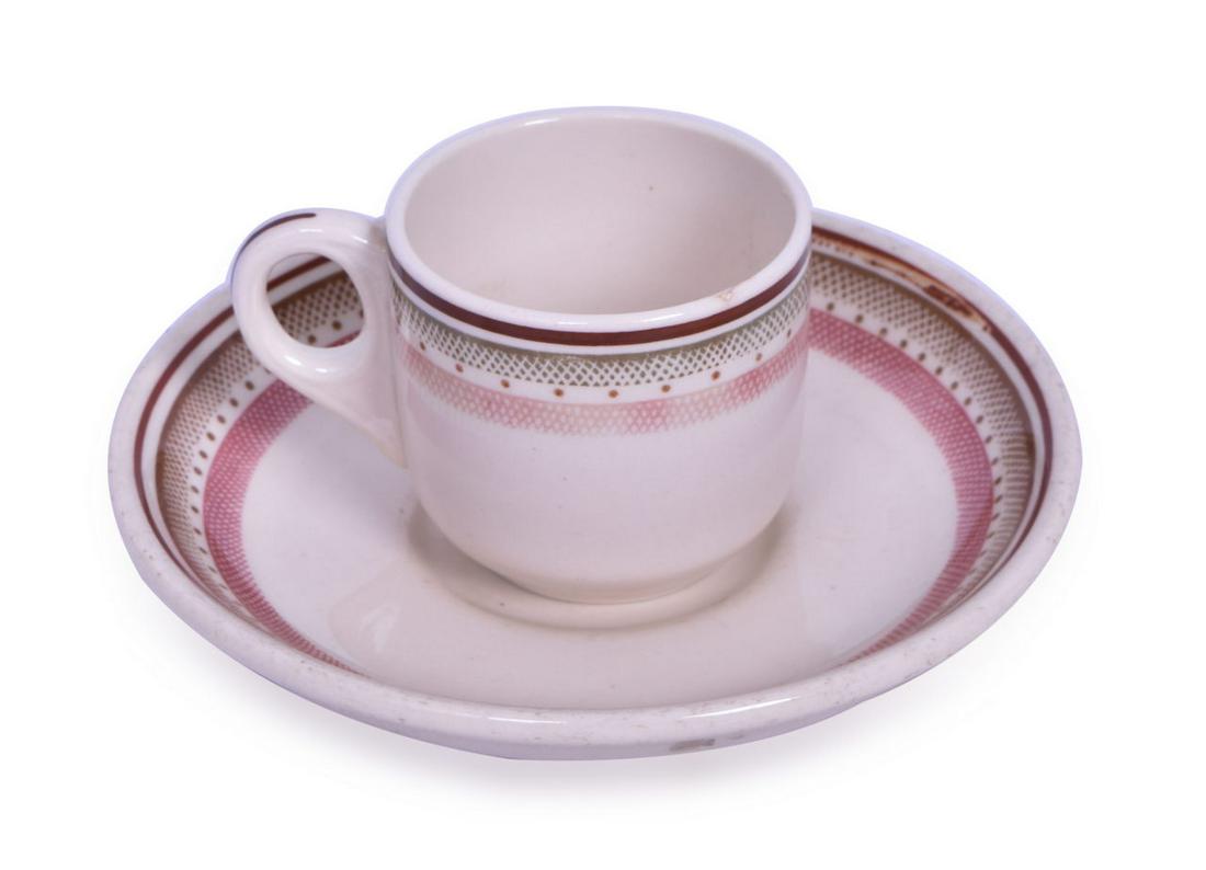 Pennsylvania Railroad Broadway Limited China Pattern Demitasse Cup and Saucer: Pennsylvania Railroad Demitasse Set. Cup measures 2 1/4" bottom marked Ye Olde Ivory Buffalo China Copyrighted For Broadway Limited Keystone Logo Pennsylvania Railroad Company. Cup shows light signs o