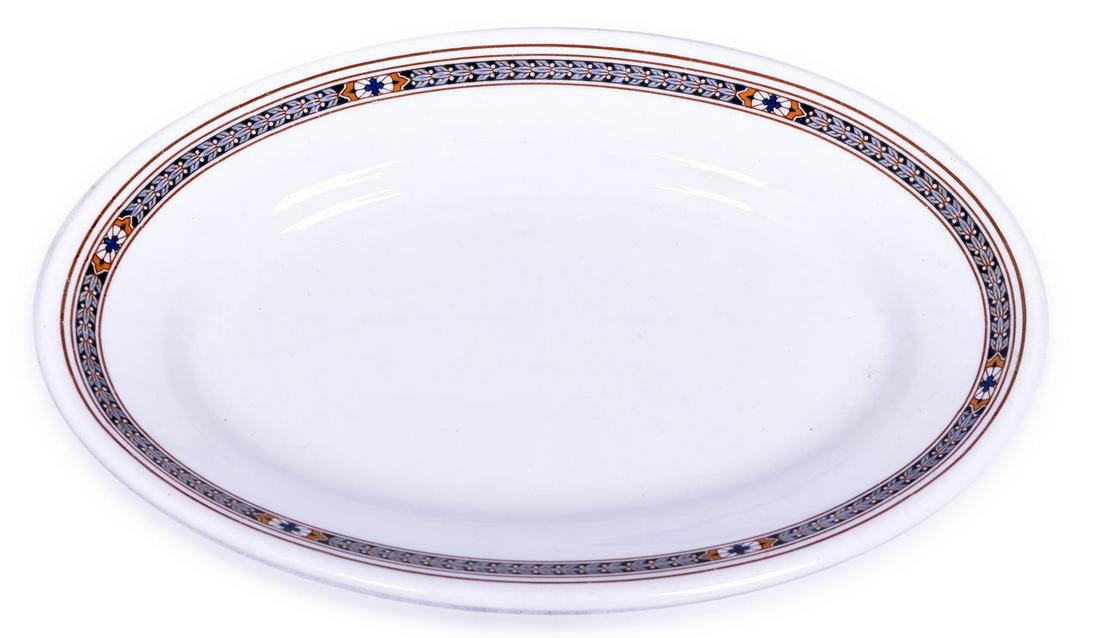 Pennsylvania Railroad Purple Laurel Oval Platter Dish 11 1/2": Pennsylvania Railroad oval platter dish in the purple laurel pattern. Measures 11 1/2" and is back stamped design Patented Keystone logo Pennsylvania Railroad Company Buffalo China 1928. Show standard